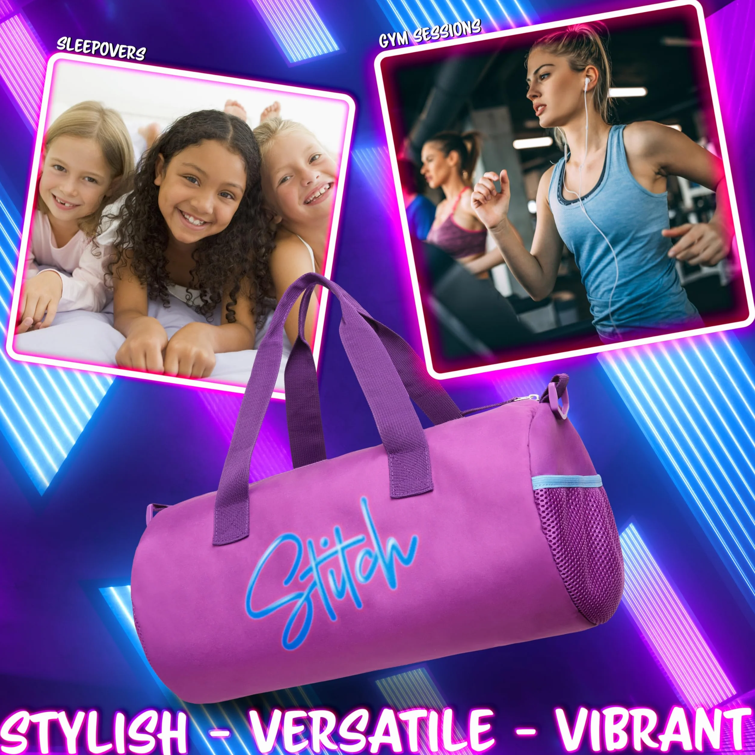 Disney Stitch Bolsa Deporte Niño Niña 39.5×19.5cm Correa Ajustable Viaje Colegio Regalo Púrpura