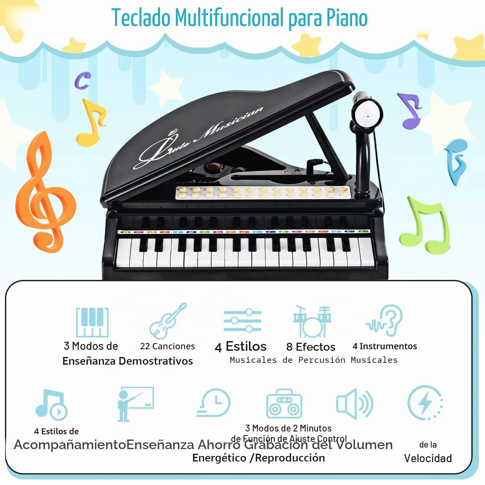 RELAX4LIFE Piano para niños con 31 teclas y taburete, teclado piano electrónico con micrófono ajustable, juguete musical regalo para niños a partir de 3 años (negro)