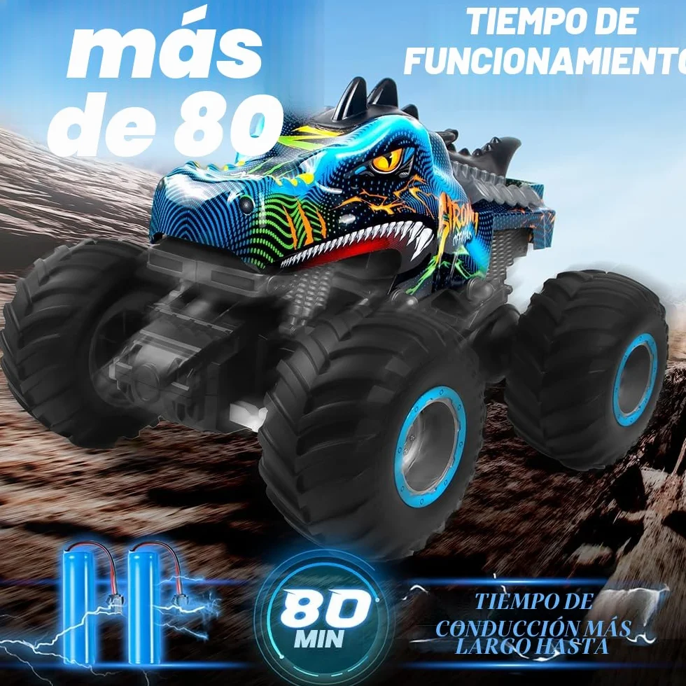 Coche teledirigido 1:16 RC Dinosaurios Monster Truck 2.4GHz 20 Km/h Radiocontrolado Todo Terreno con Niebla rociadora música Luces LED Regalo para niños de 4 5 6 8 años