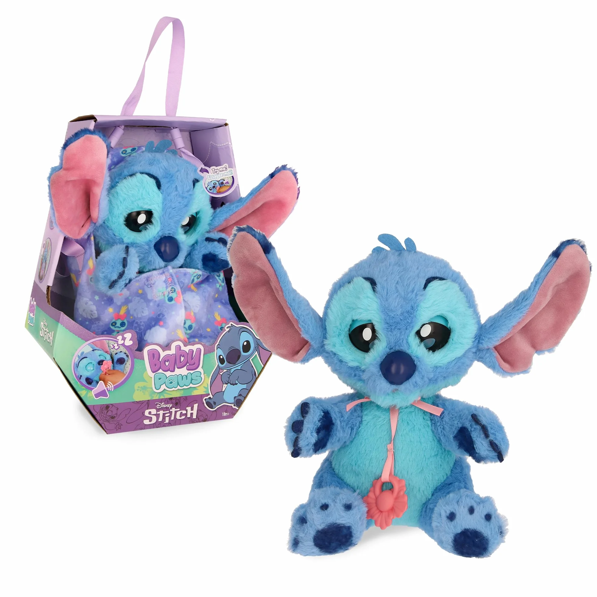 Baby Paws Stitch, Peluche Interactivo, con Sonidos Que Abre y Cierra los Ojos e Incluye una Bolsa para Llevarlo Contigo, Juguete Regalo para Niños y Niñas de 3 Años o Más