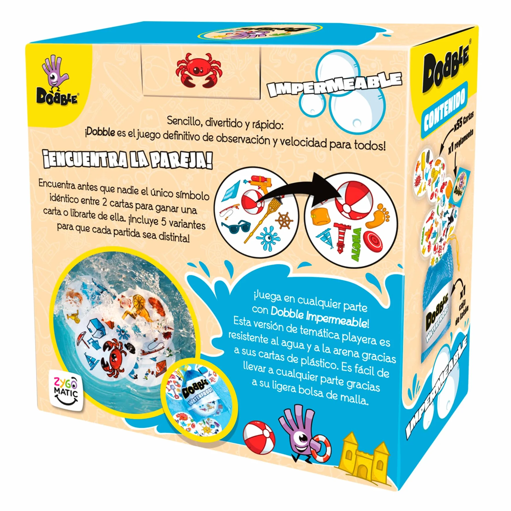 Asmodee Dobble Impermeable Juego de Cartas de Observación y Velocidad, 2-8 Jugadores, 6+ Años, 15 Minutos