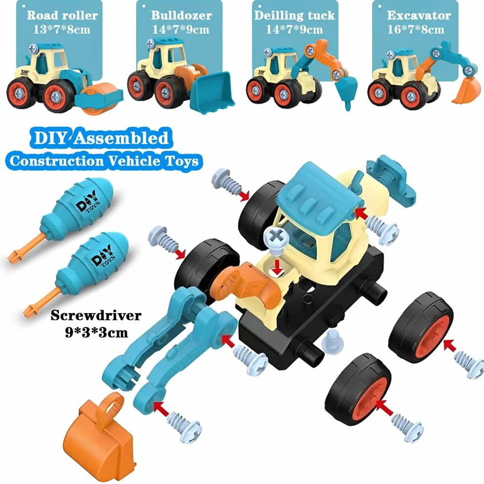 Juguetes de Vehículos de Construcción 4 en 1 para Niños a Partir de 2 Años, Set de Excavadoras DIY con Destornillador, Desmontar Camión de Ingeniería para Niños, Niños