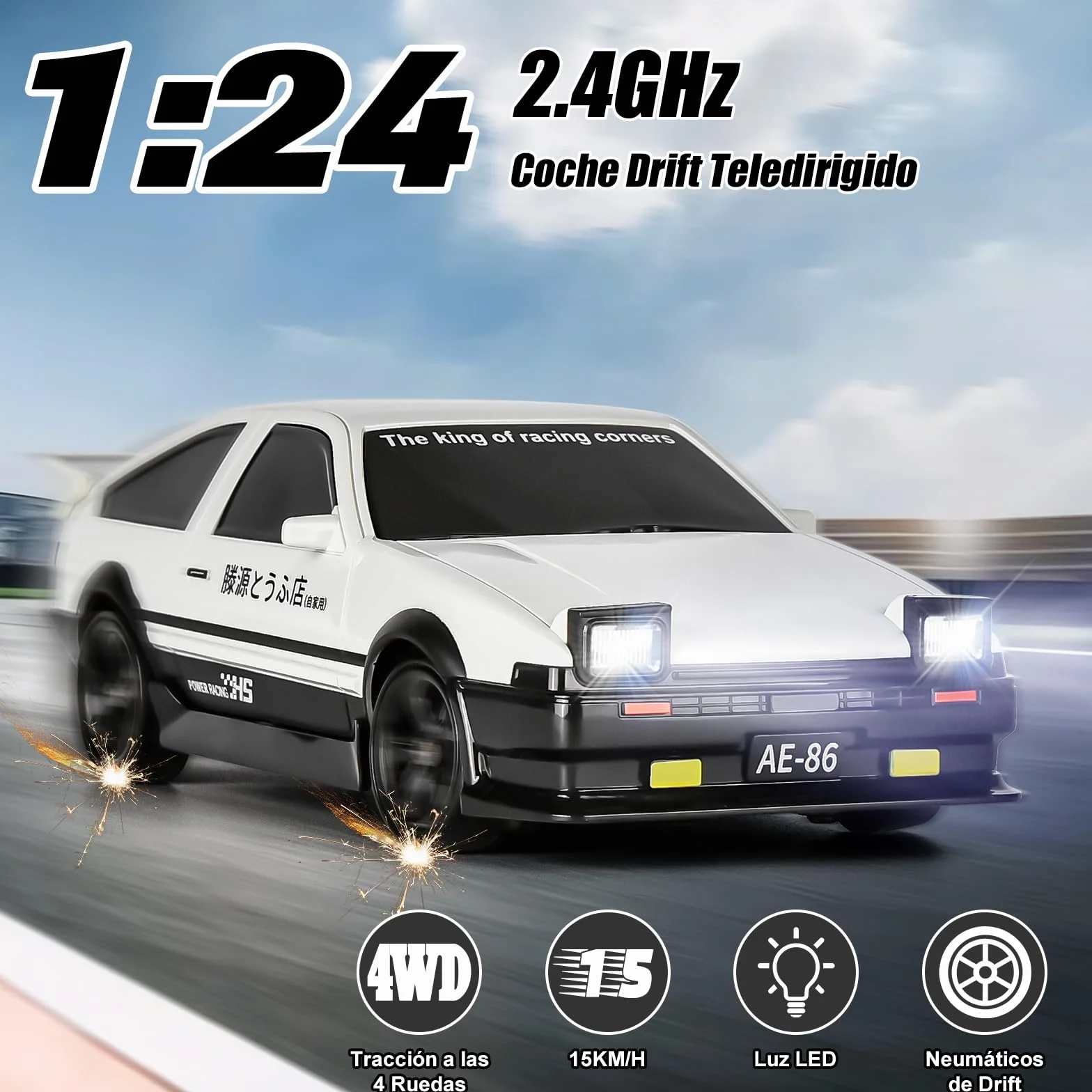 BuzzoXerex Coche Teledirigido Drift, 1:24 Drift RC Car, 18km/h 4WD Mini Car Teledirigido con Kit Barricada, Luces LED, Radiocontrol Coche de Juguete para Adultos y Niños Mayores de 6 Años (Blanco)