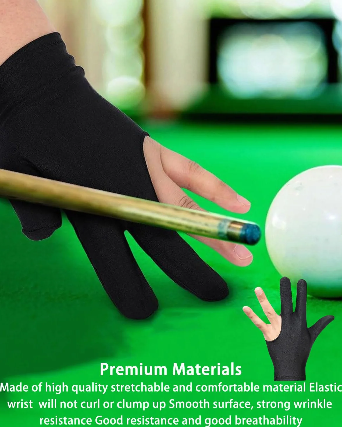 Guantes de billar con 3 dedos elásticos unisex para zurdos