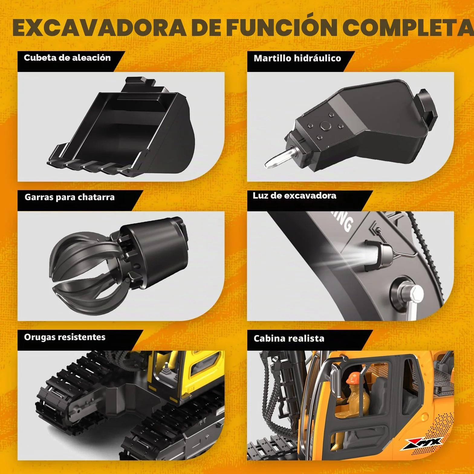 GraceDuck Excavadora Juguete RC 2.4GHz 3 en 1 Control Remoto Pala Aleación Trituradora Garra Giro 680°