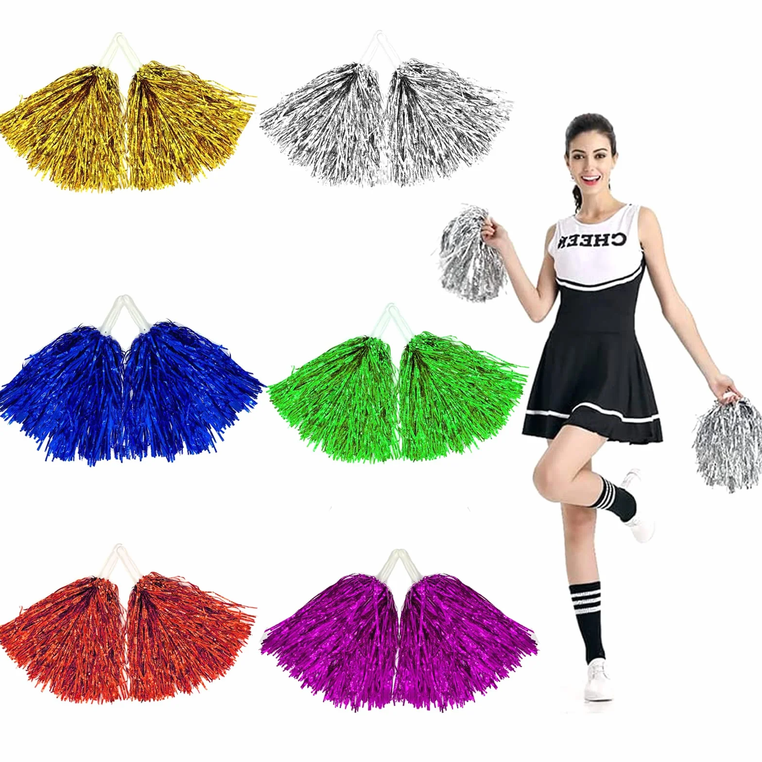Cheerleader Pom Poms 12 Piece 6 Colours Cheerleading Pompoms for Kids Aerobics Dance Sports Team Spirit