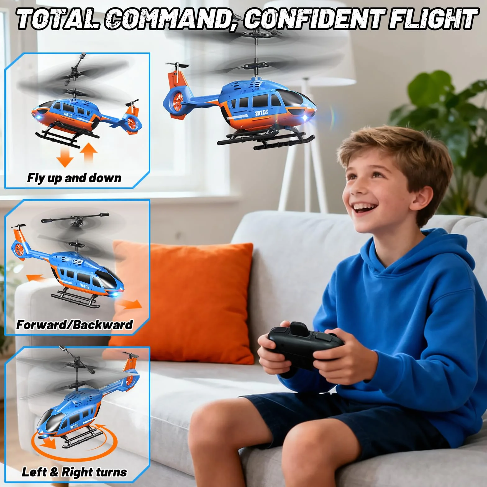 VATOS Helicóptero Teledirigido 2.4G con LED, Fácil de Volar, con Función de Mantenimiento de Altitud, Despegue con un Solo Botón y Aviso de Batería Baja. Ideal para Niños a Partir de 10 Años