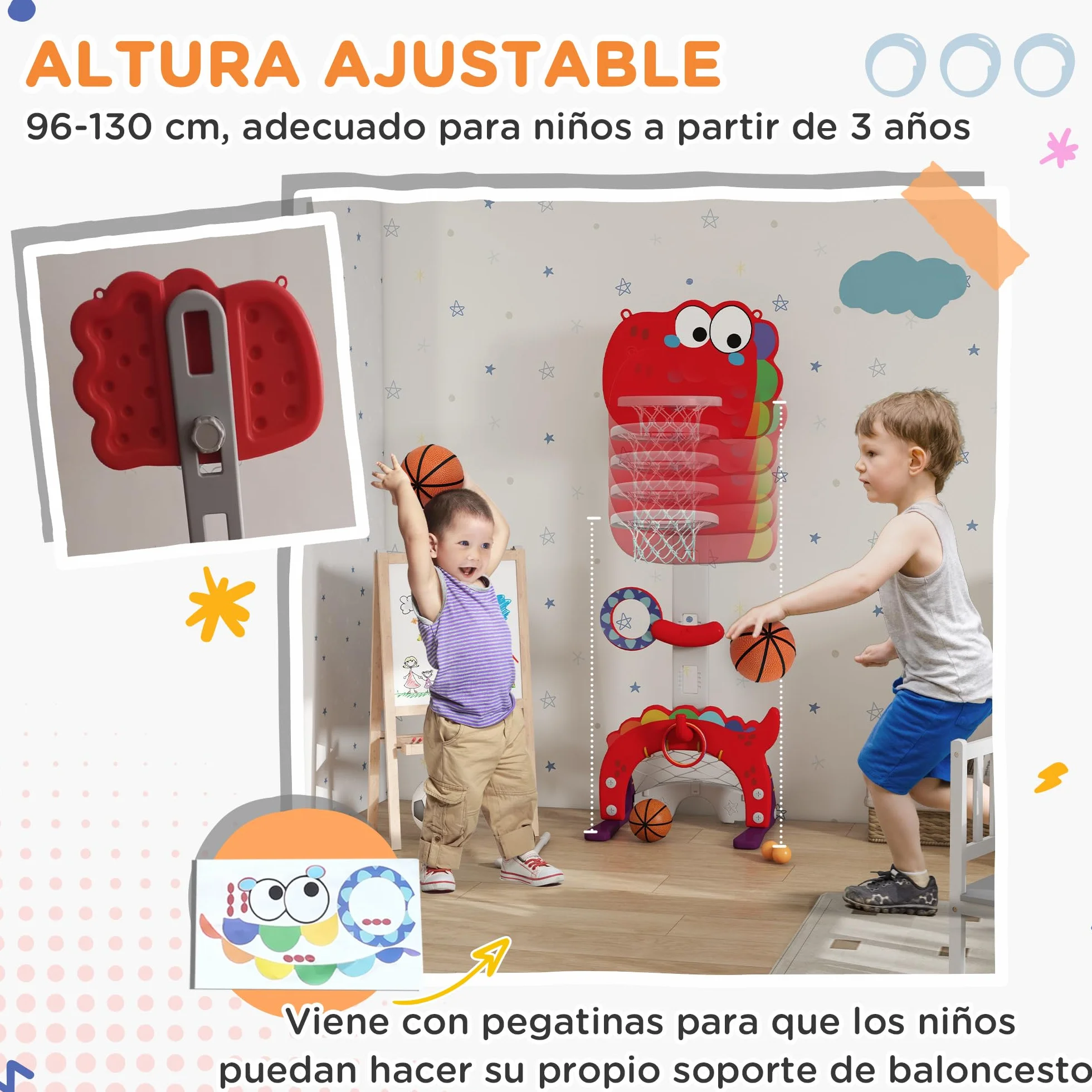 AIYAPLAY Canasta de Baloncesto Infantil 5 en 1 Altura Ajustable con Fútbol Golf Lazo Juego de Lanzamiento de Pelota Rojo