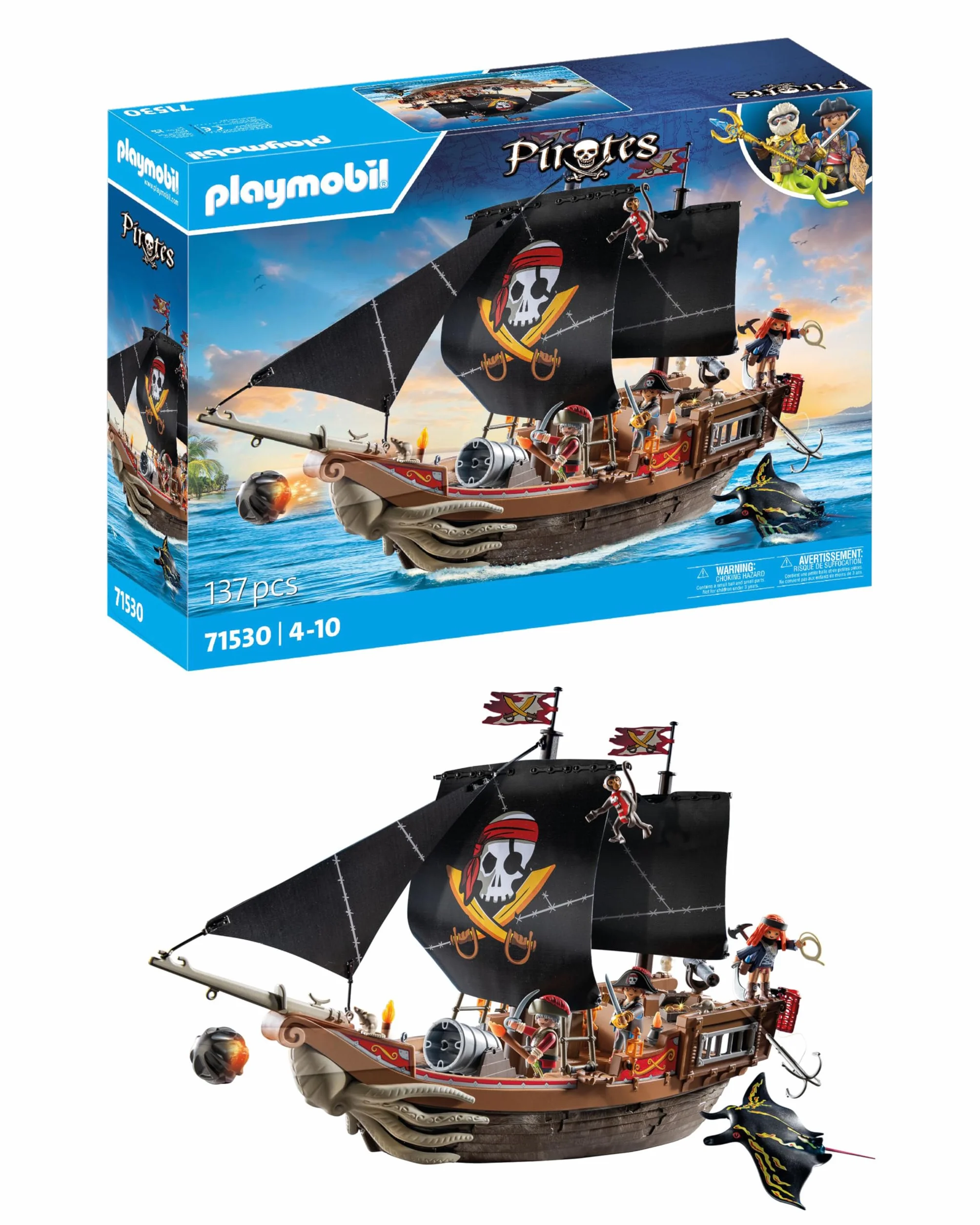 PLAYMOBIL Pirates 71530 Gran Barco Pirata, emocionante Batalla Naval y búsqueda Secreta de Tesoros en Alta mar, Incluyendo cañones, proyectiles y Ancla, Juguetes para niños a Partir de 4 años