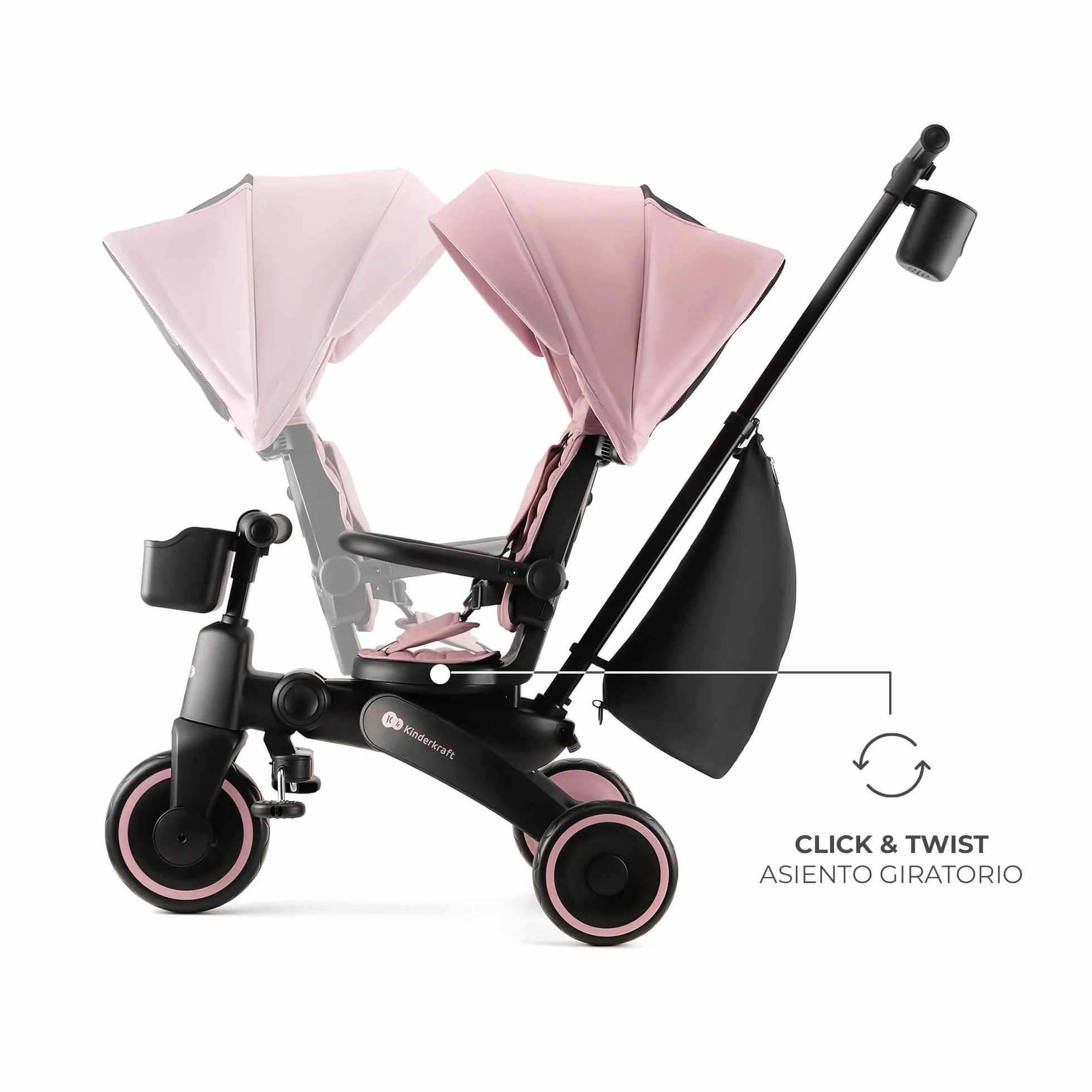 Kinderkraft JAZZ2 Triciclo 6 en 1, con función de Rueda para niños, Cochecito Plegable con Accesorios, protección UV UPF50+, de 9 Meses a 5 años, Rosa