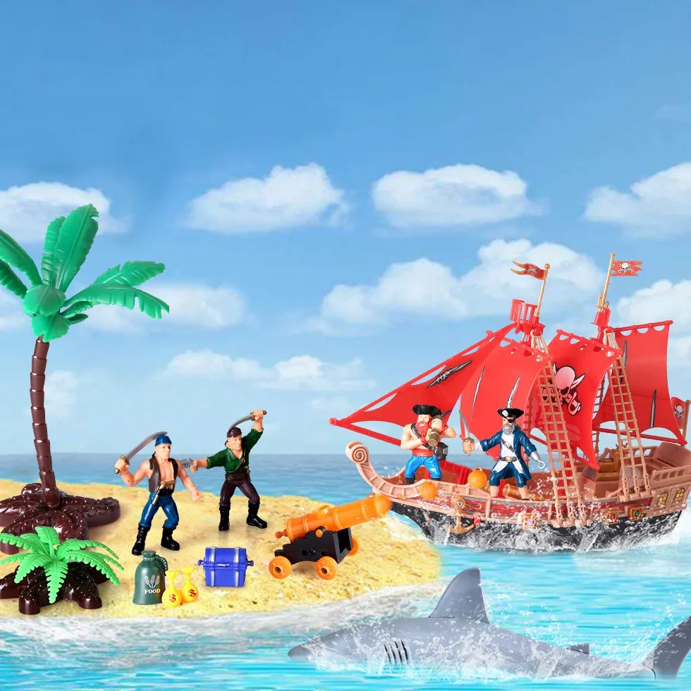 Juguetes de aventura barcos piratas infantiles con muñecas de Acción de plástico máquinas de juego barcos piratas con tiburones,barcos,cañones,árboles y otros accesorios regalos educativos 3-8 años