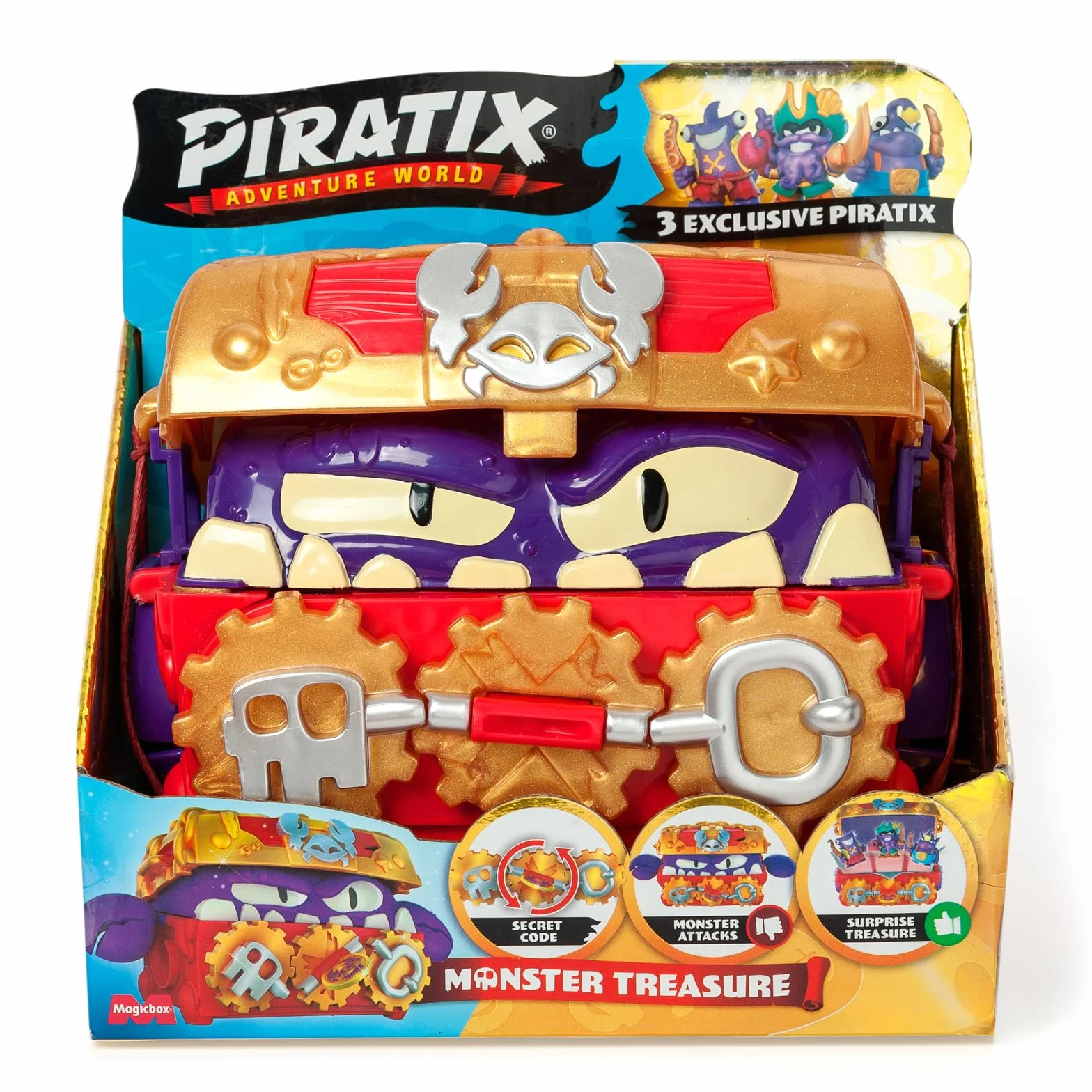 PIRATIX ADVENTURE WORLD Monster Treasure – Cofre del tesoro con un monstruo escondido en su interior. Incluye 1 cofre, 3 Piratix exclusivos, 1 tesoro exclusivo y 3 accesorios