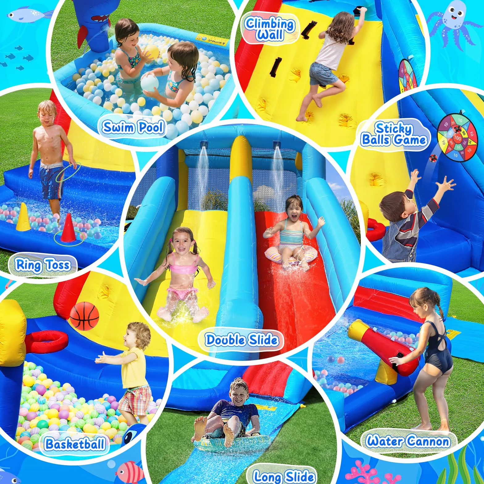 GYMMAL Castillo Hinchable para Niños, Parque Infantil Exterior, con Pared de Escalada y Tobogán Doble - Hinchable para Niños 3-12 Años (4x3,6x2,6m)
