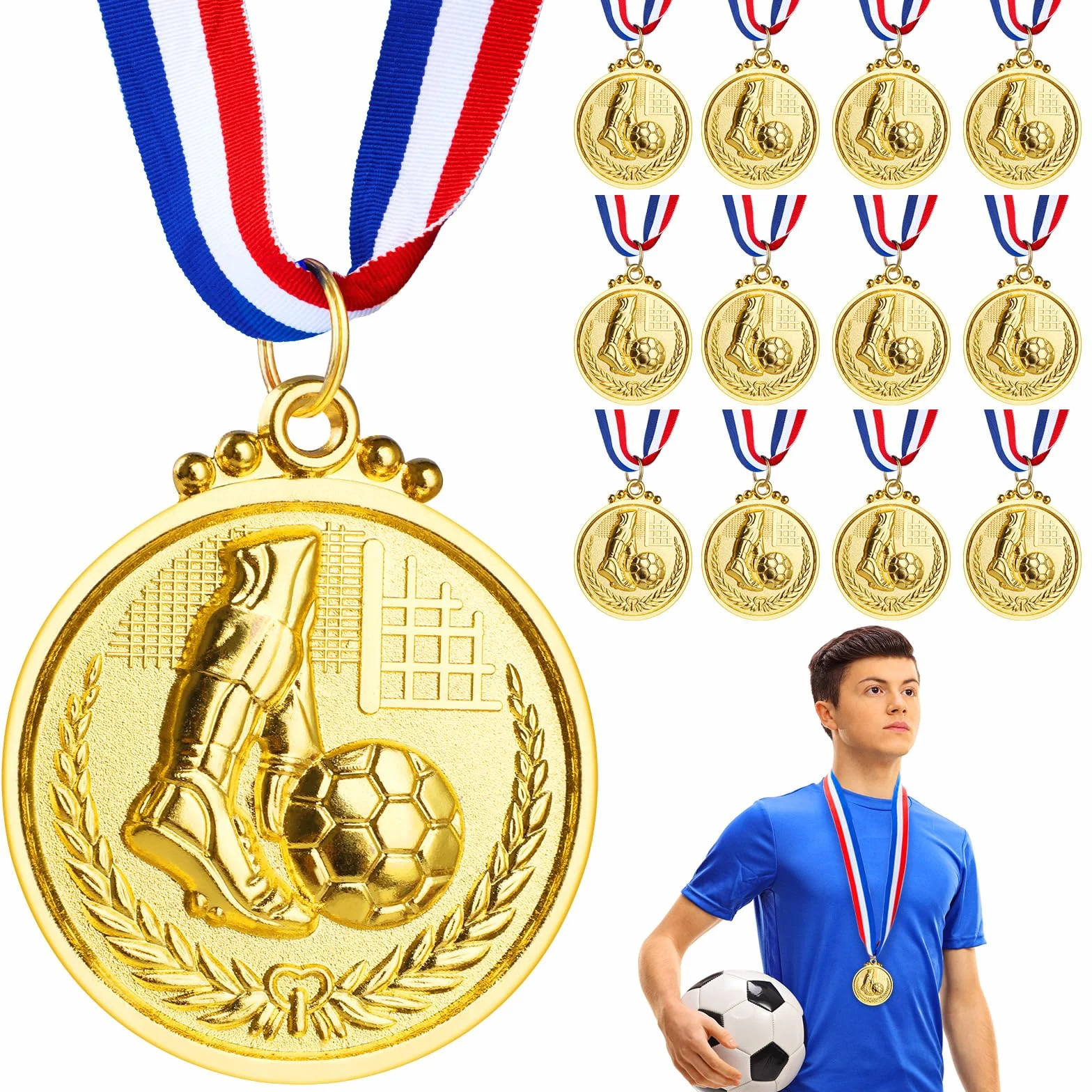 Medallas de Metal Dorado con Cinta, Paquete de 12 Medallas de Fútbol para Niños y Adultos