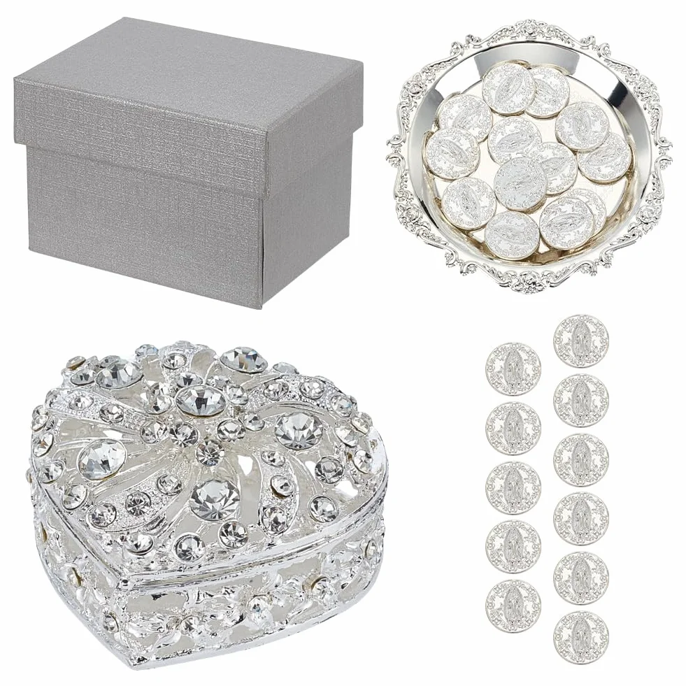 ORIGACH Juego de monedas de plata Arras de Boda, caja en forma de corazón con 13 monedas de Jesús y bandeja en relieve, accesorios de boda para ceremonia