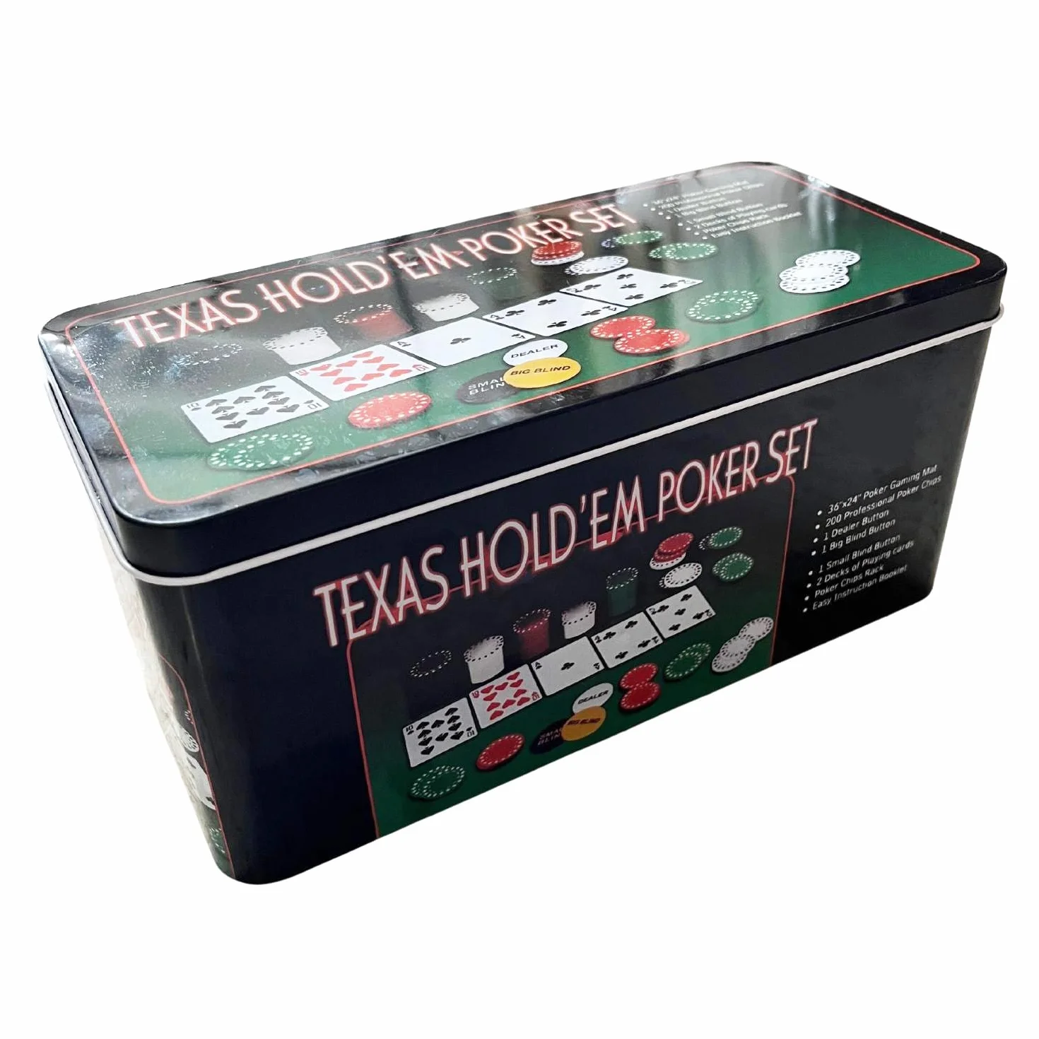 AUTOZOCO Set de Póker, Juego de póker Completo, Juego de Blackjack, Incluye 200 fichas, 2 Barajas de Cartas, botón de repartidor, ciega pequeña, Gran ciega, tapete de Juego, Caja metálica