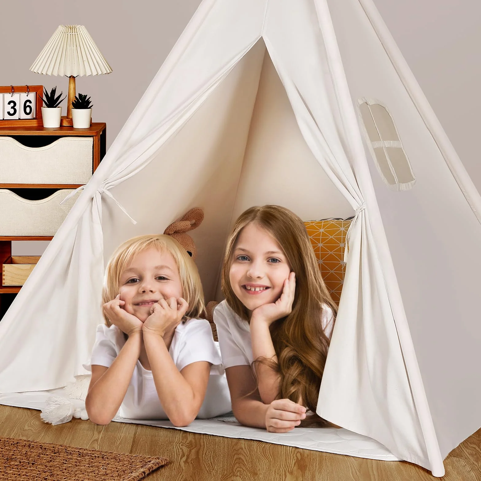 Tipi Infantil Algodón Tienda de Campaña Interior Madera Portátil Cabañas para Niños Blanco Roto