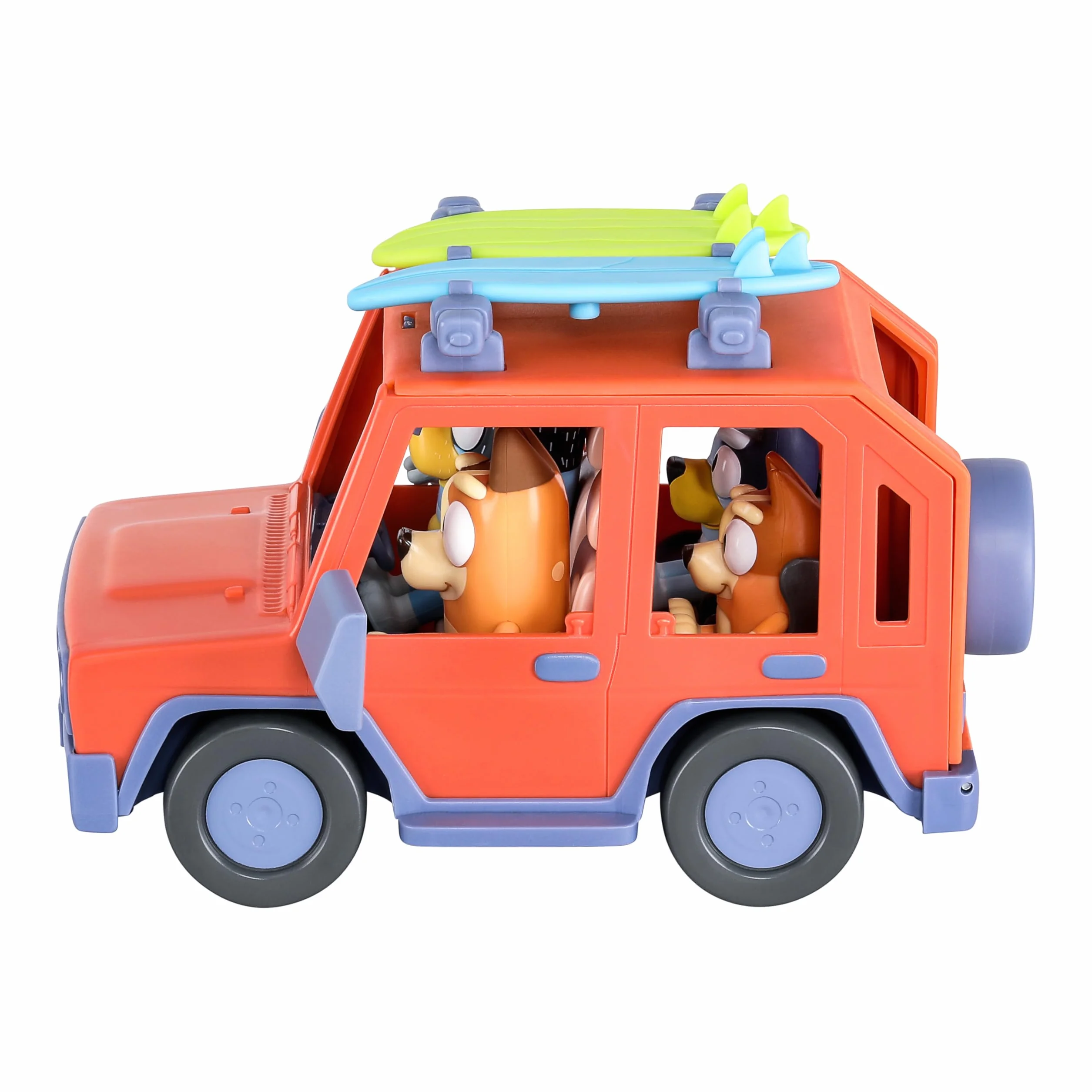 Bluey Pack del Todoterreno Familiar de los Heeler y 4 Figuras, Figuras de 6,3 cm, 2 Tablas de Surf y Pegatinas