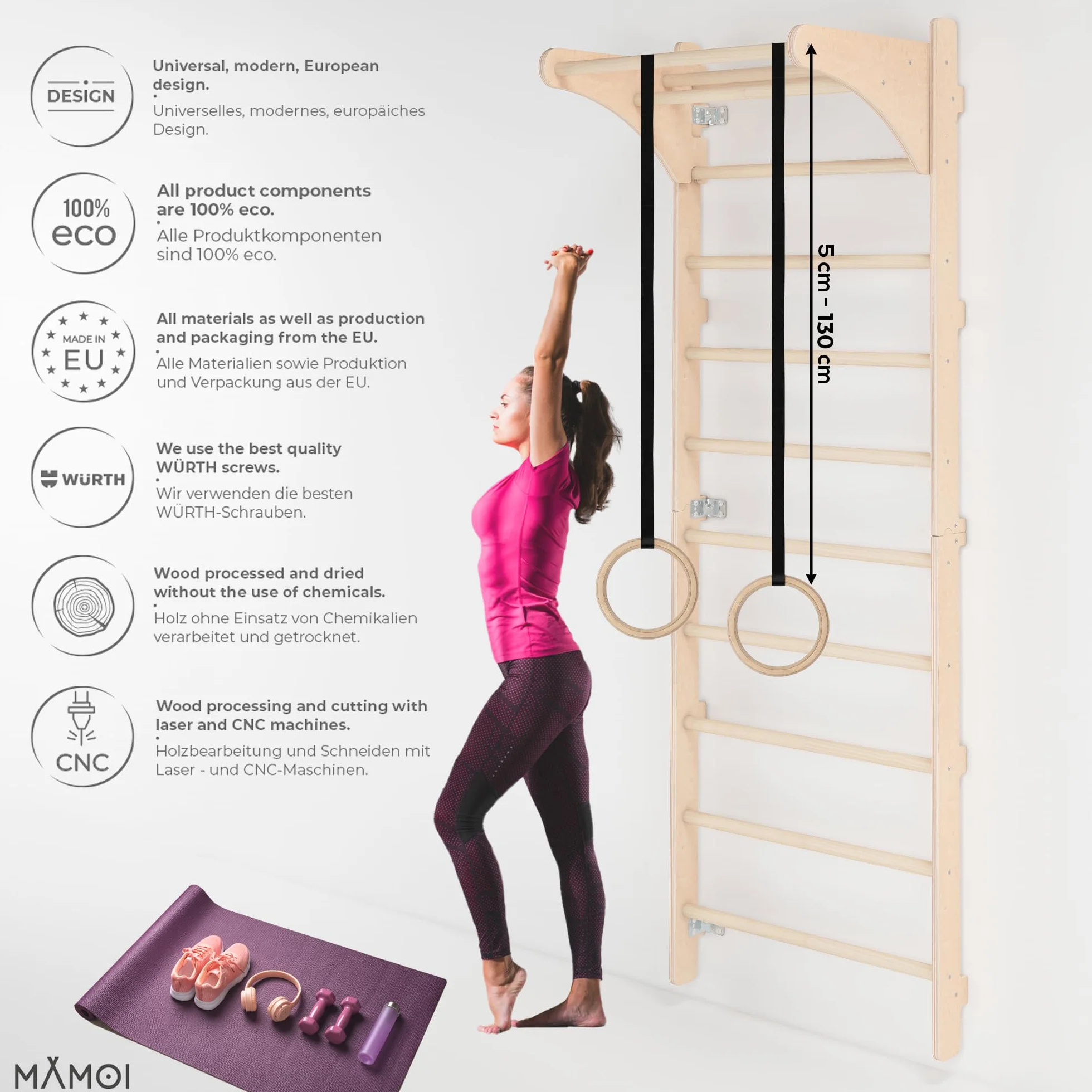 MAMOI Pared de Escalada de Madera con Barra de dominadas 230 cm, Dispositivo de Fitness Multifuncional