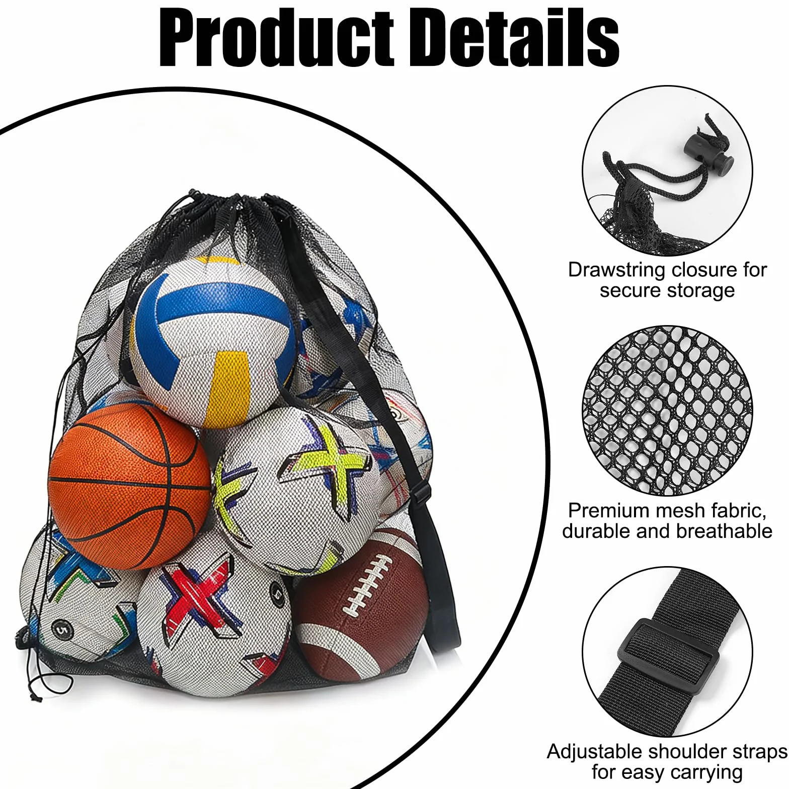 Bolsa de Malla para Balones 75.5 x 100.5 cm, 10-15 Bolas, Negro