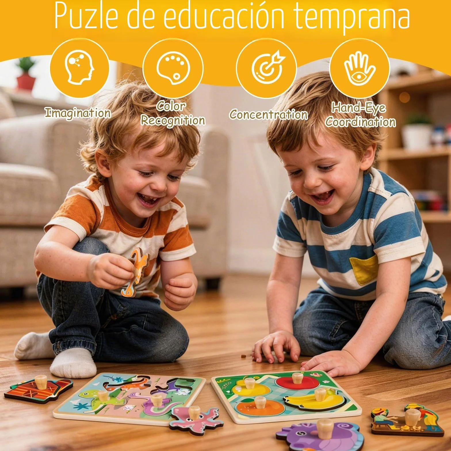 Puzzle Madera 1 2 Año 4Pcs Puzzles Infantiles de Madera con Mango Juguetes Montessori Bebe Rompecabezas Educativos