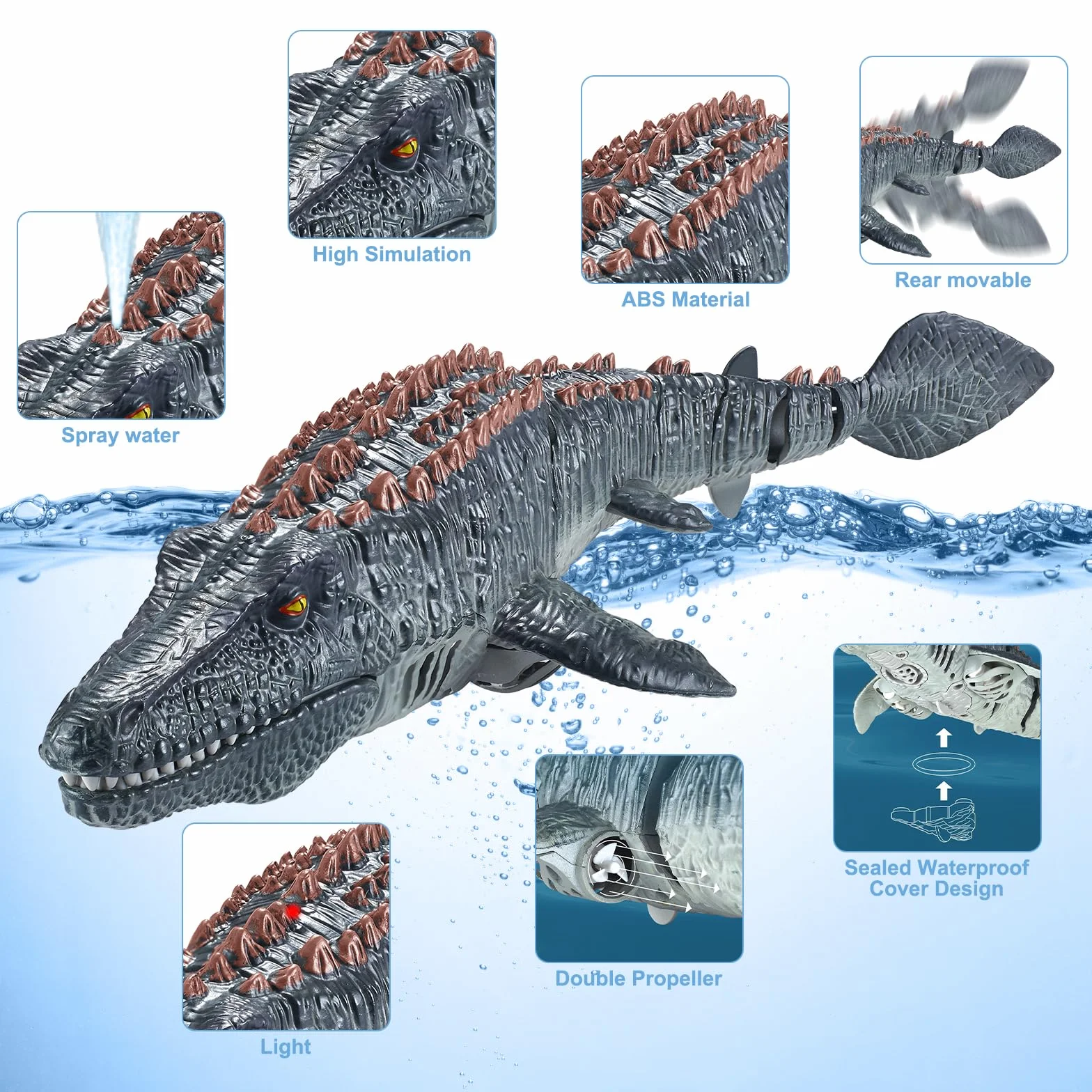 Barcos Mosasaurus de control remoto 2.4 GHz con agua pulverizadora, doble hélice, juguete RC para piscina