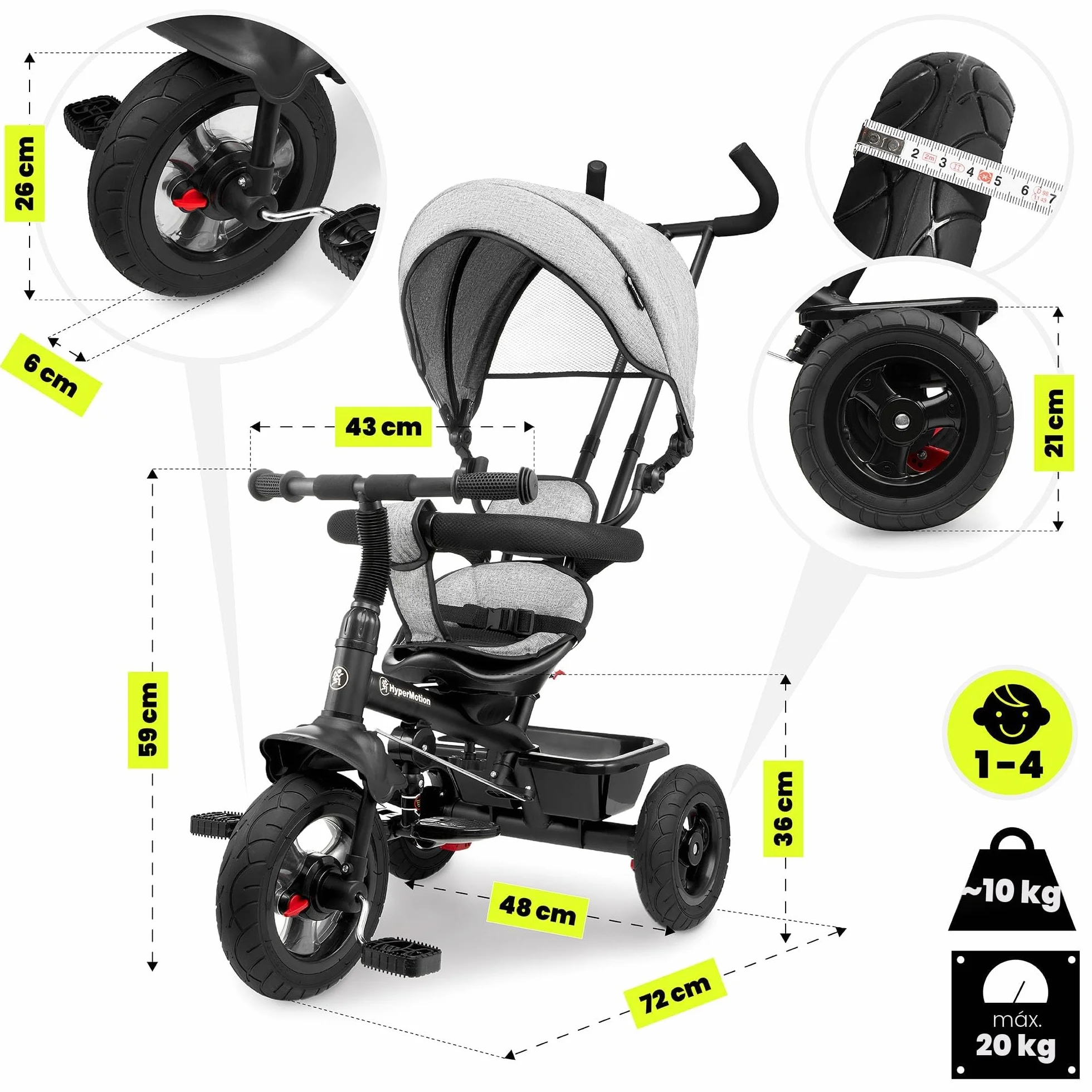 HyperMotion Triciclo Infantil con Manillar para Padres - Bici Bebé 1 Año Evolutiva hasta 20kg - Modelo Similar Kinderkraft con Barra de Empuje - Saltador Bebe Gris