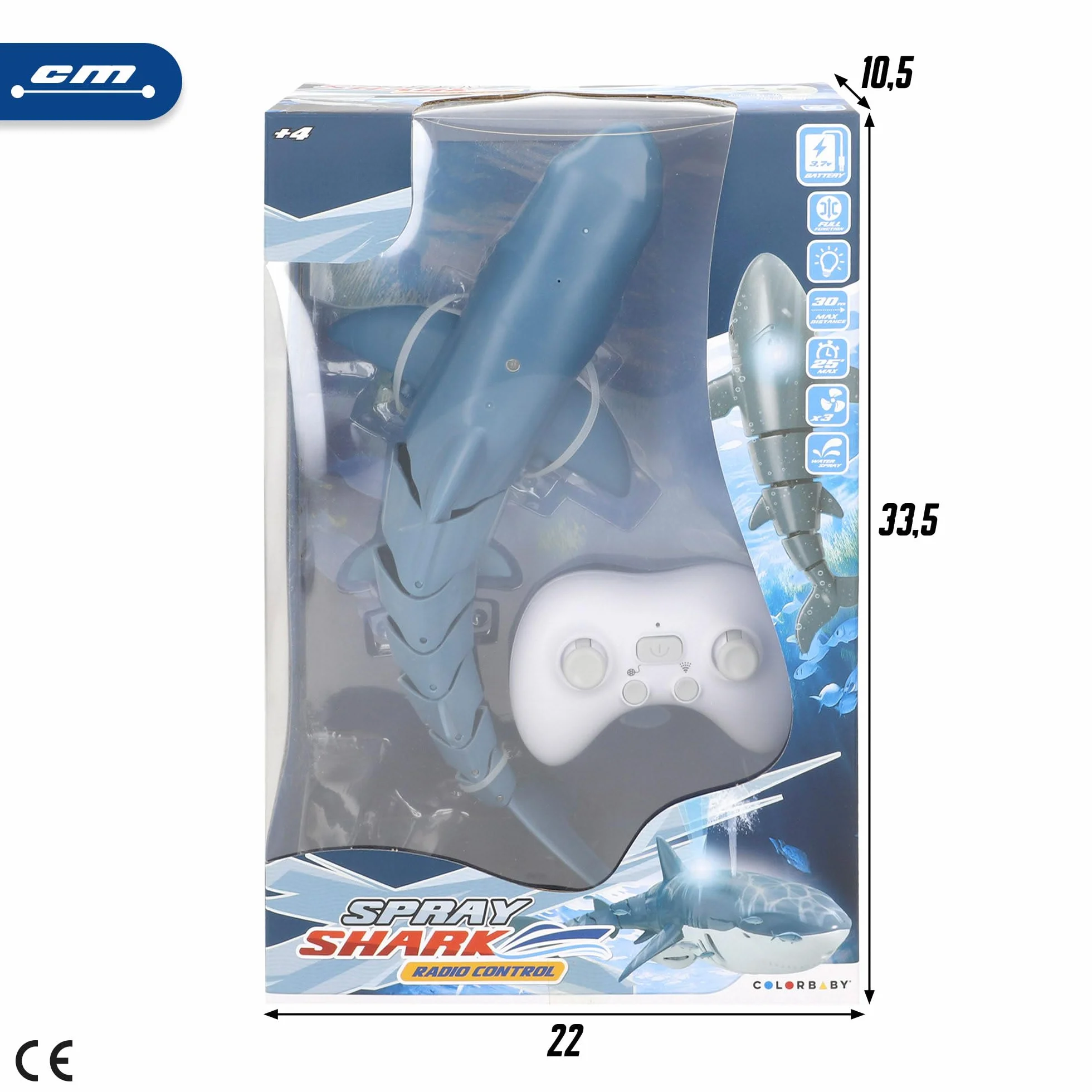 ColorBaby Racing Boat Tiburón de Juguete teledirigido, 38x14x10 cm, Mando Sumergible, 6 direcciones, Frecuencia 2.4 GHz, Alcance 30 Metros, Autonomía 25 Minutos, +3 años (39729)