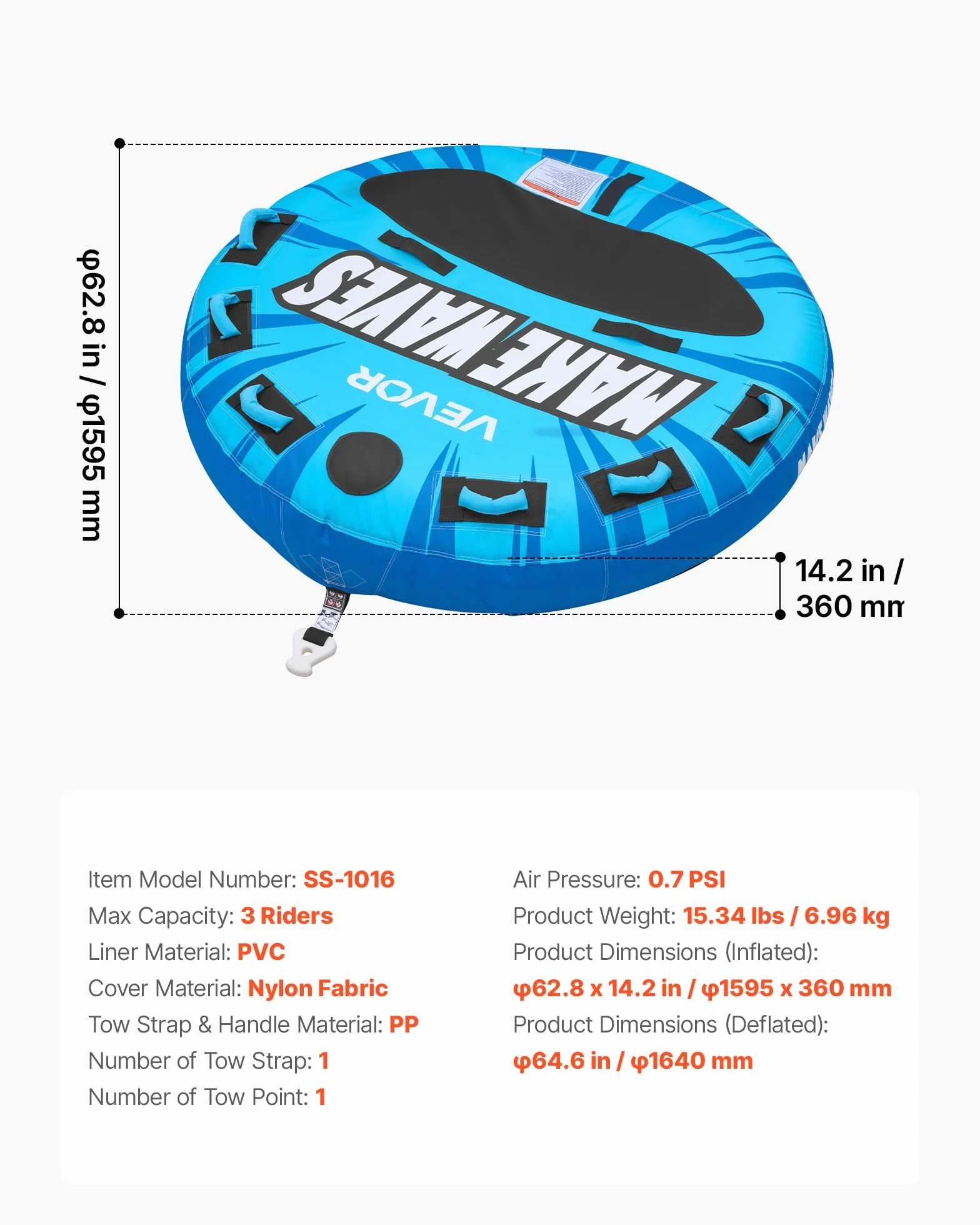 VEVOR Flotador de Arrastre Inflable 159,5 cm para 3 Personas Carga 231 kg Azul