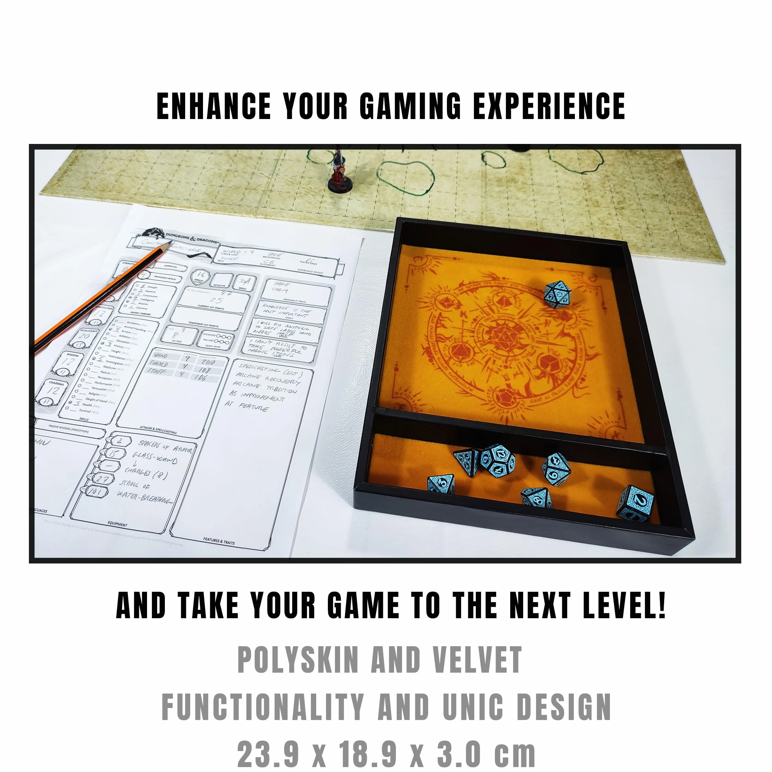 Bandeja Dados Rectangular 'Critical Roll', Fabricada con Polipiel y Terciopelo, Zona de Almacenamiento, DISEÑO Exclusivo y Compatible con Cualquier Juego de Mesa y rol (Amarillo)
