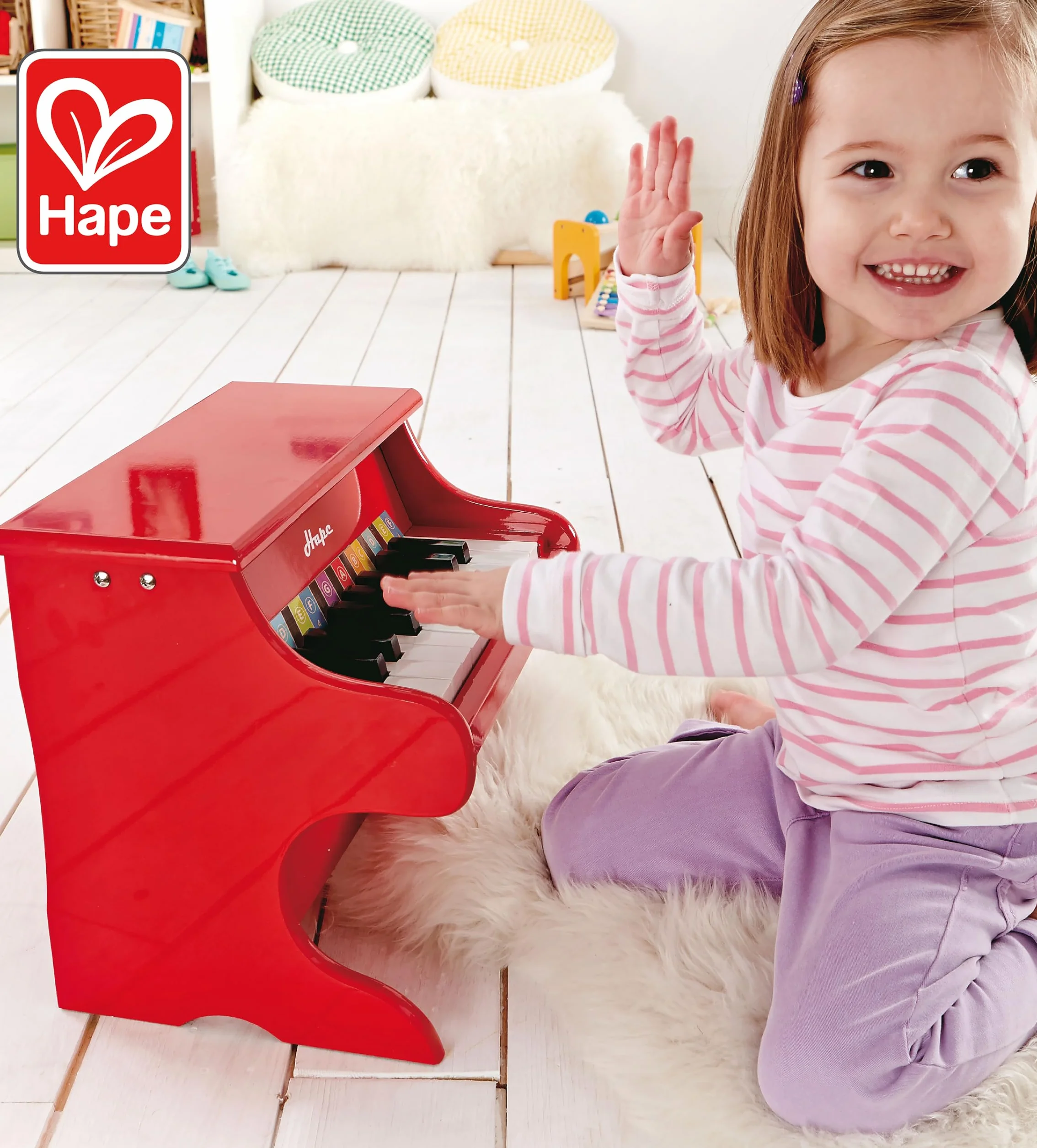 Hape Mini Piano, Mini Instrumento Musical de Madera de Juguete con 18 Teclas, Rojo