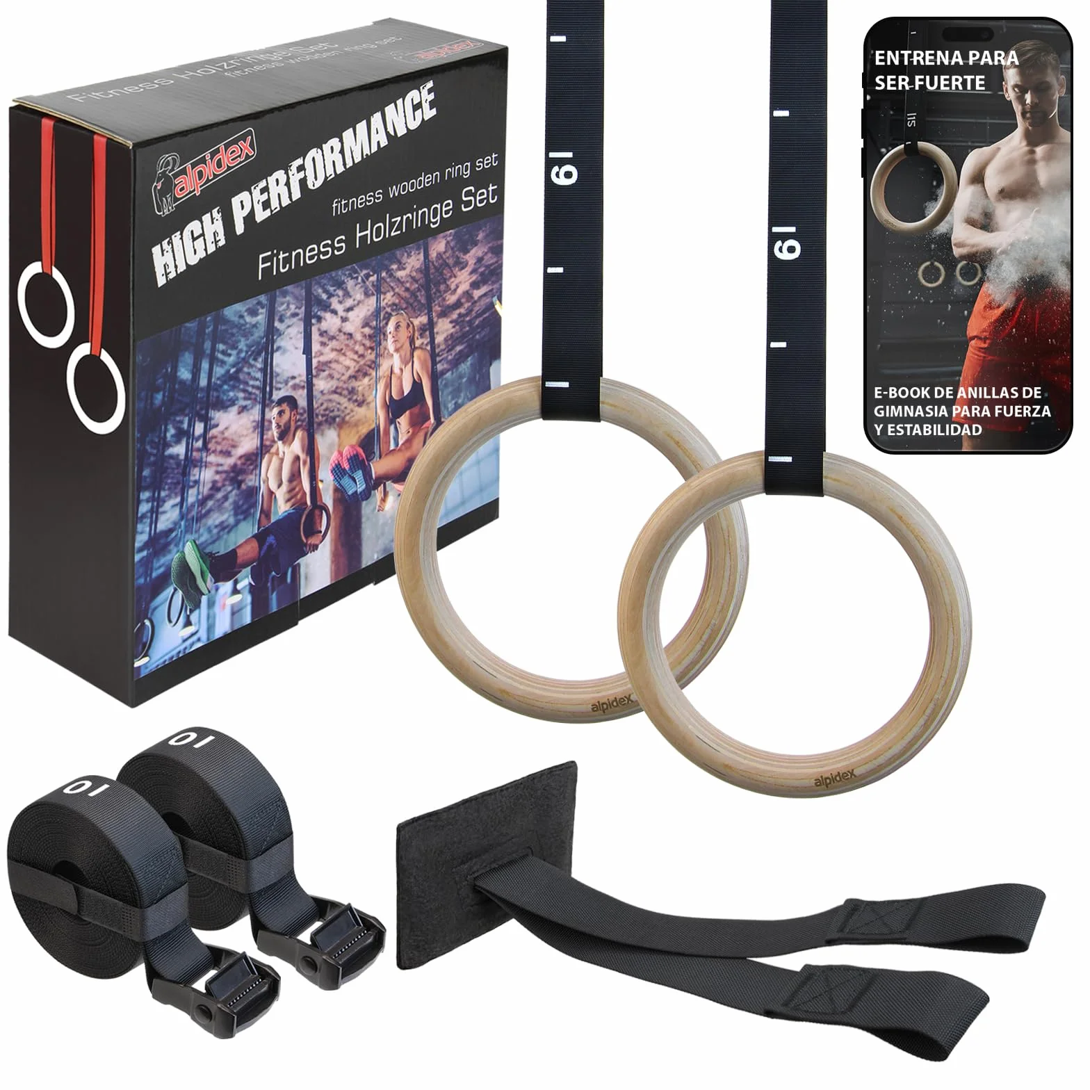 ALPIDEX Anillas de Gimnasia de Madera con Anclaje de Puerta y Correas con Marcas de Longitud