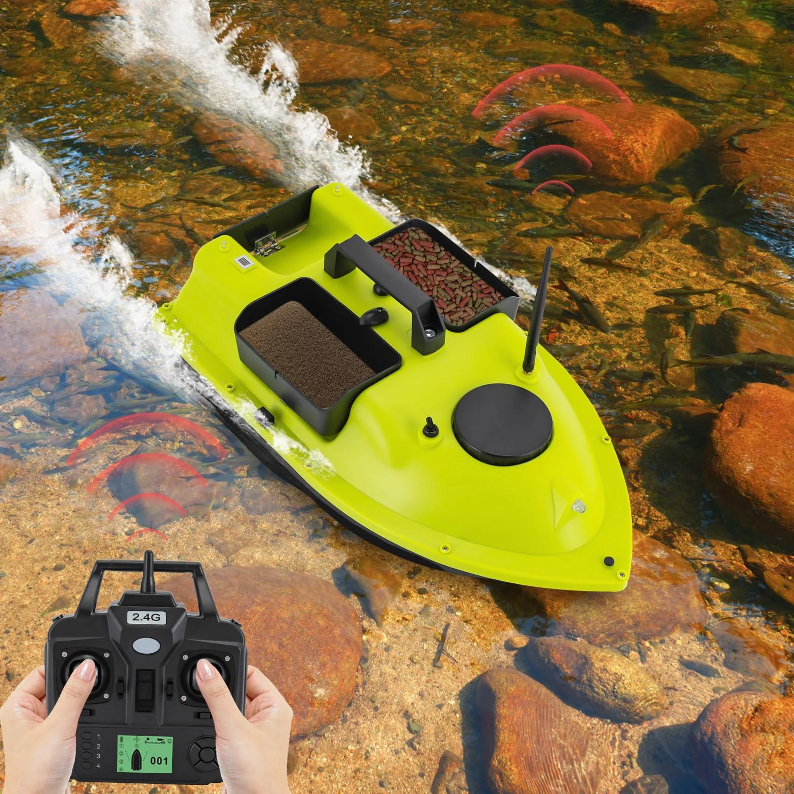 Barco de pesca con GPS, 99 posiciones, motor dual de 52 W, batería de 90 min, alcance de 600 m, mando a distancia LCD, incluye bolsa de transporte