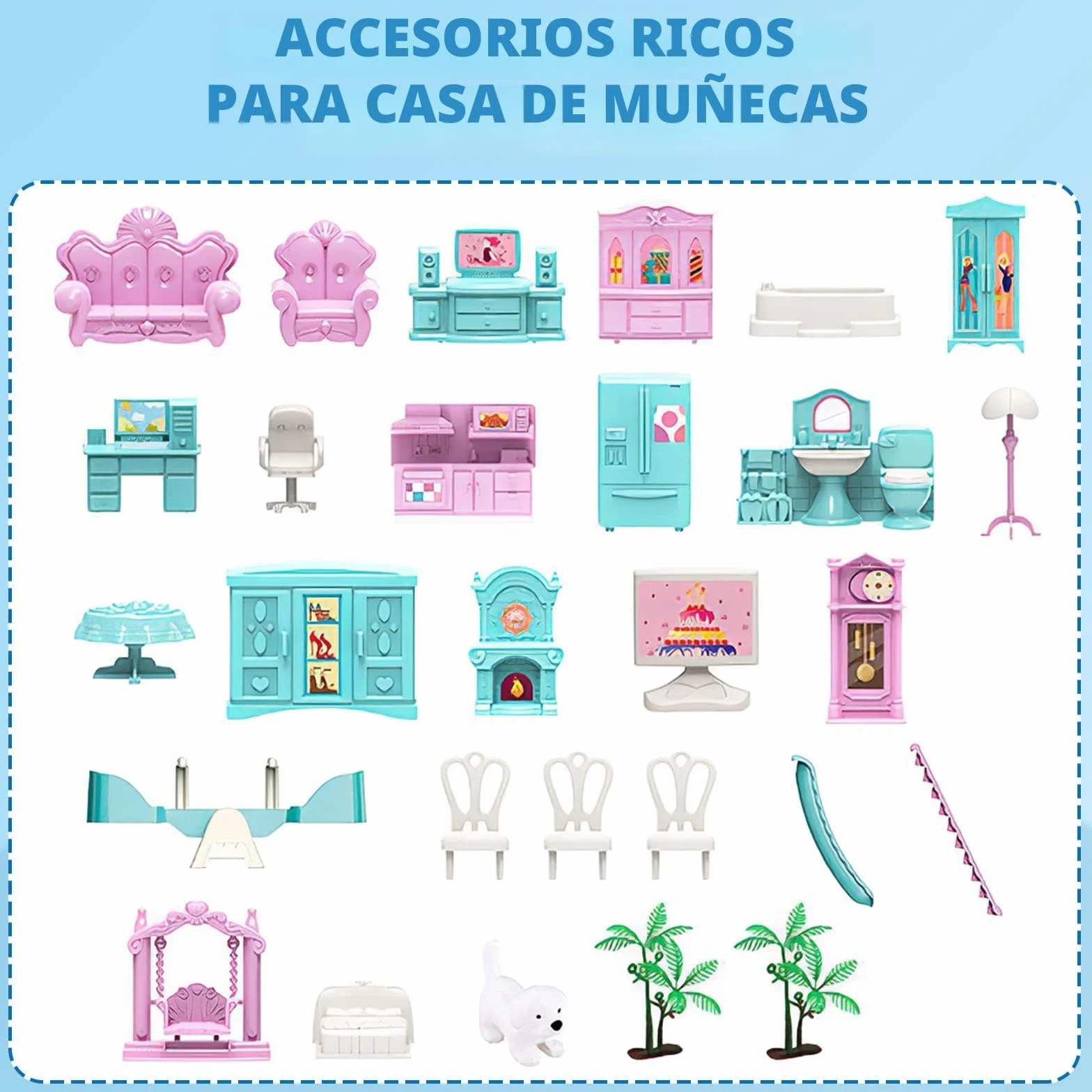 deAO Casa de Muñecas Villa para Niñas, 3 Pisos Casa de Muñecas de Ensueño con Muebles y Toboganes, Escaleras, Vallas, Perro Muñeco, Princess Castle Playset, Regalo para Niñas de 6+ Años (Azul)