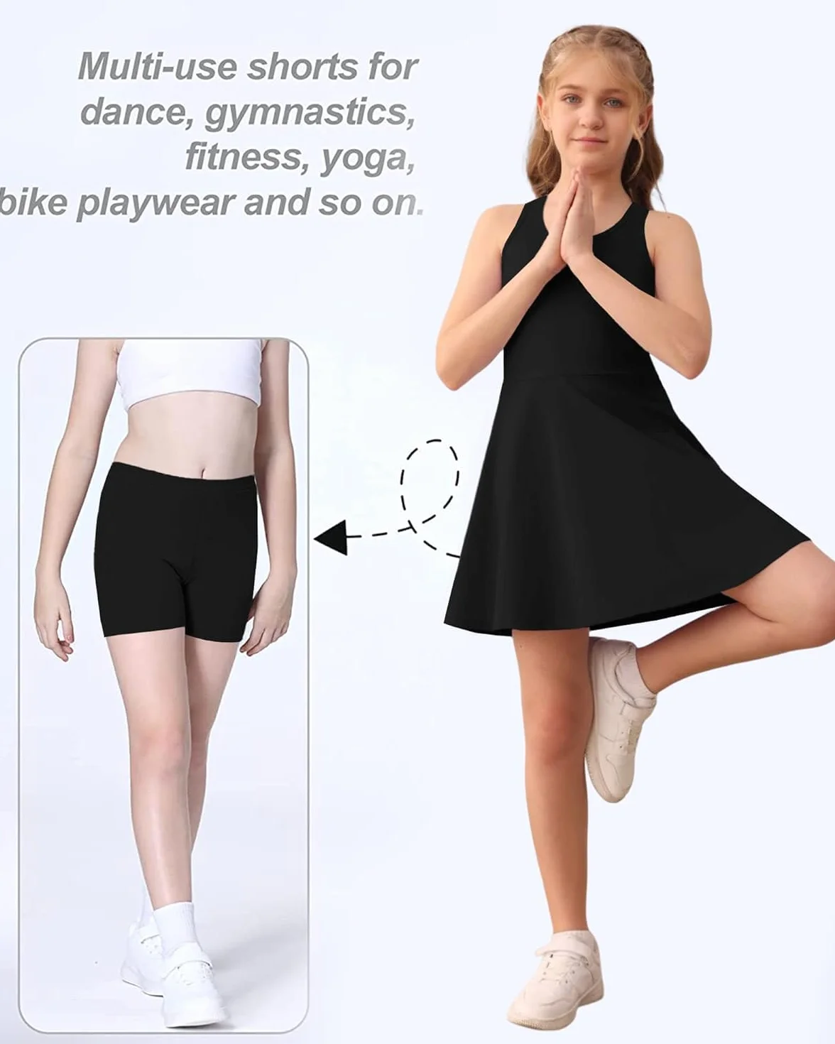 Vestido de tenis para niña sin mangas espalda cruzada con pantalones cortos y bolsillos
