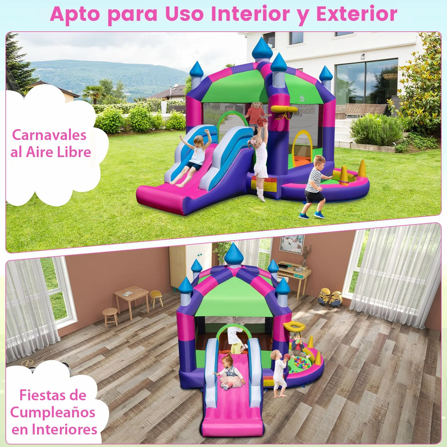 COSTWAY 5 en 1 Castillo Hinchable para Niños, Castillo Hinchable Grande con Tobogán, Piscina de Bolas, Techo Sombreado, para Niños 3-10 Años, Insuflavel Criança Interior Exterior, 385 x 332,5 x 300 cm