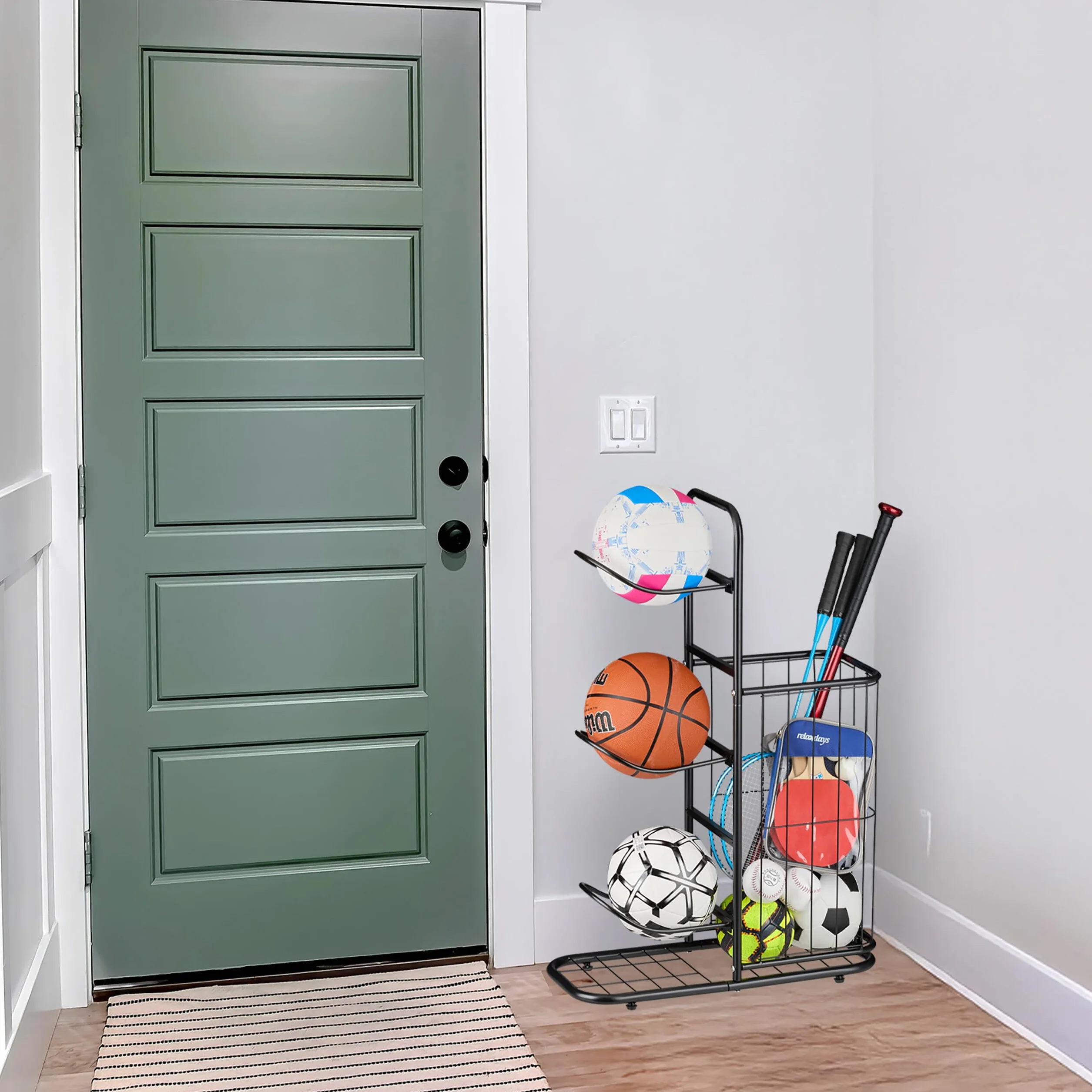 Relaxdays Soporte para Pelotas 3 Baldas Desmontables Metal Negro
