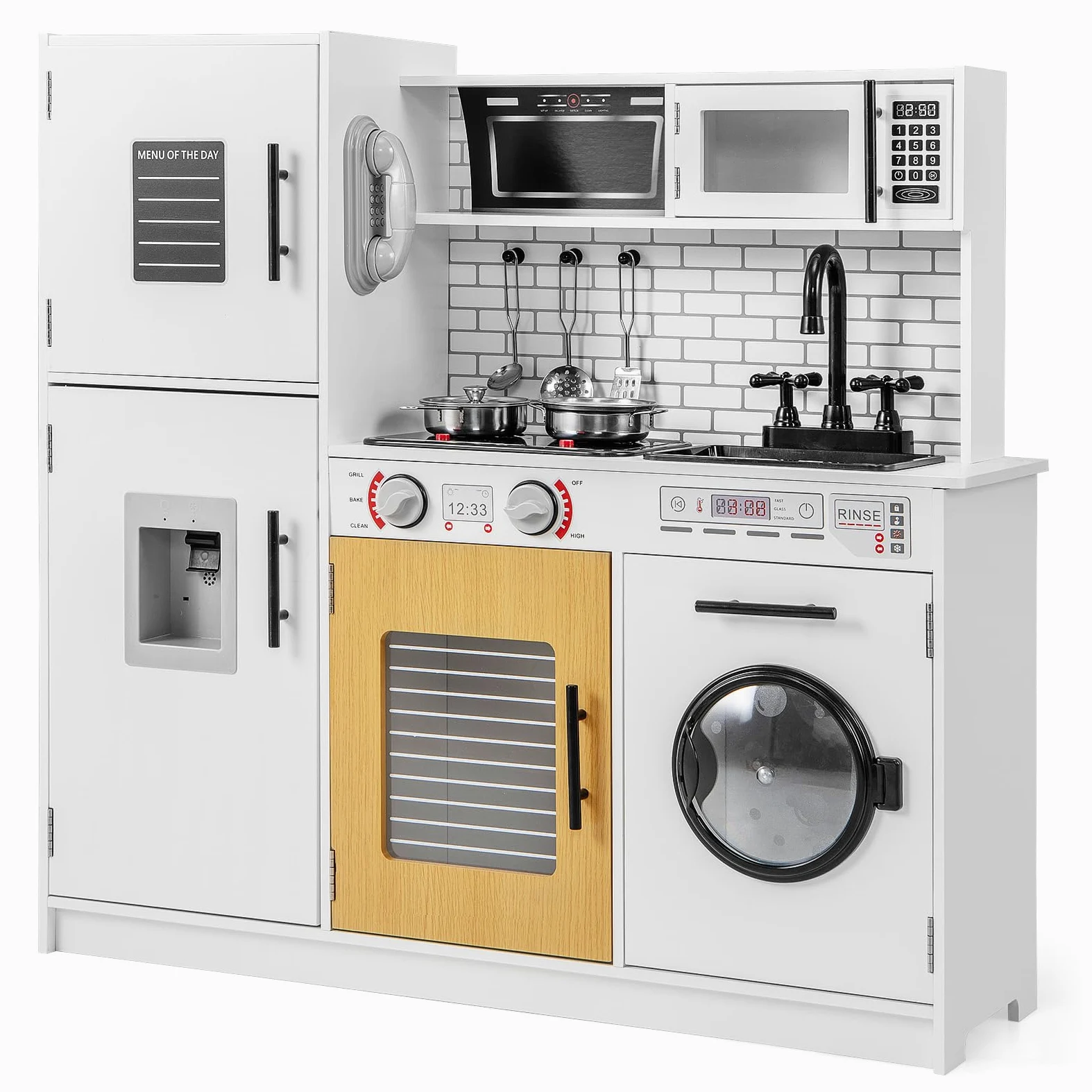 COSTWAY Cocina Juguete para Niños, Cocinita de Madera Infantil con Horno, Lavadora, Microondas, Dispensador de Agua, Teléfono, Sonidos y Luces Reales, Cocinita Infantil para Niños de 3+ Años (Blanco)