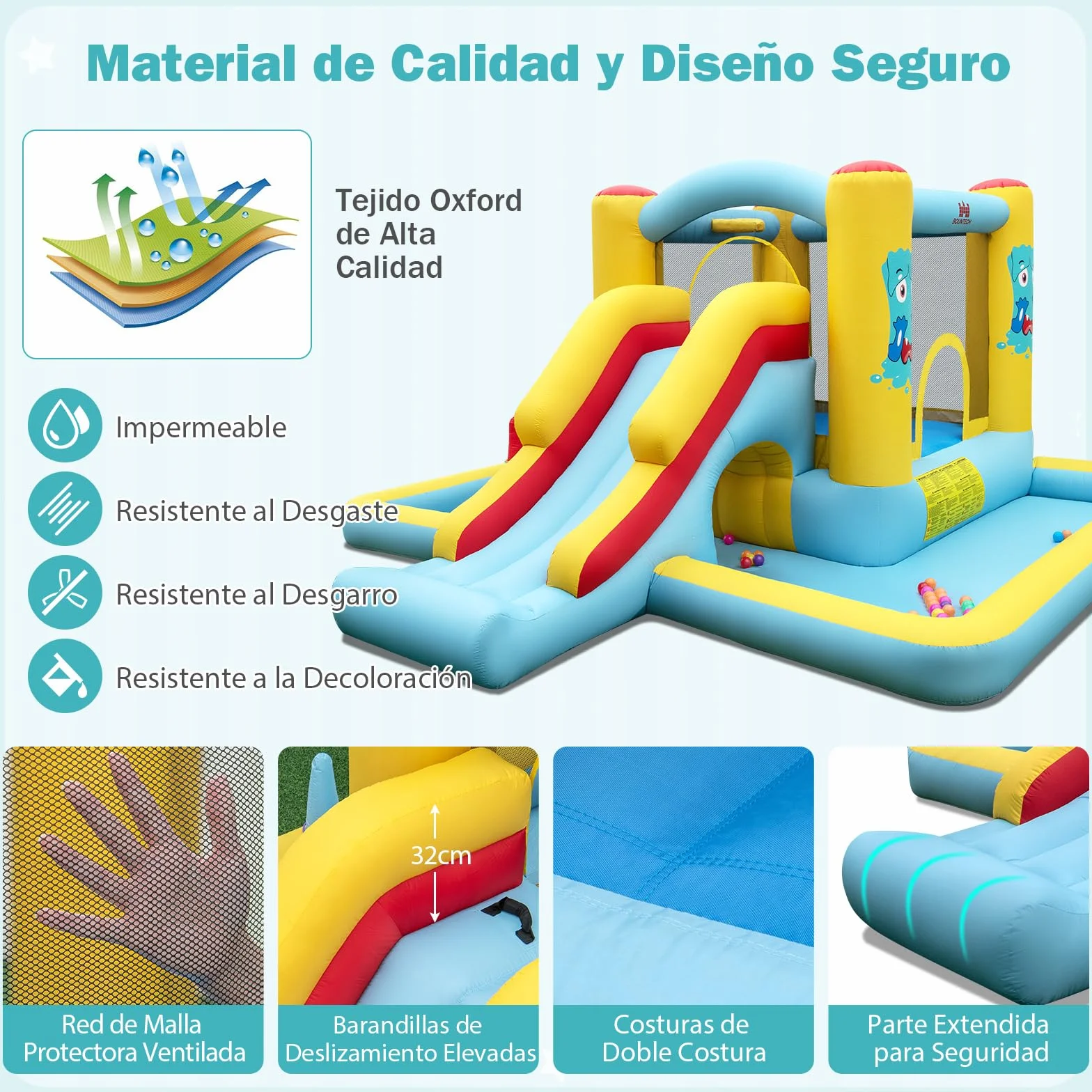 COSTWAY Castillo Hinchable 7 en 1, Grande, 394 x 389 x 194 cm, Niños 3 a 10 Años, Interior Exterior