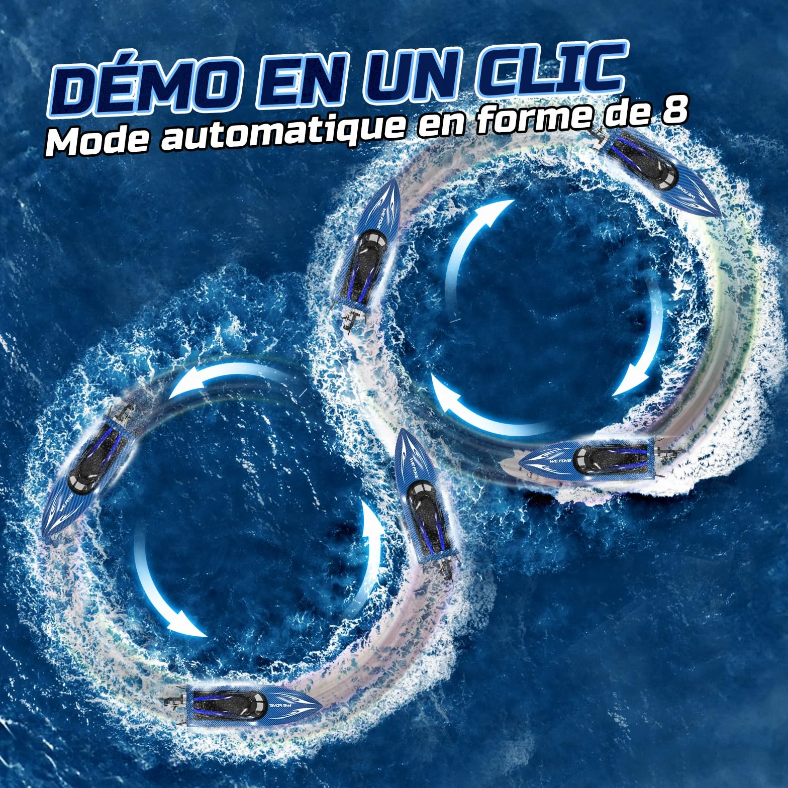 WeFone Barco teledirigido para adultos, 25+ KMH Fast RC Speed Boat con luz LED para niños, DEMO, WF17, ideal para piscinas y lagos de juguete, 2 baterías recargables durante 30-40 minutos (azul)