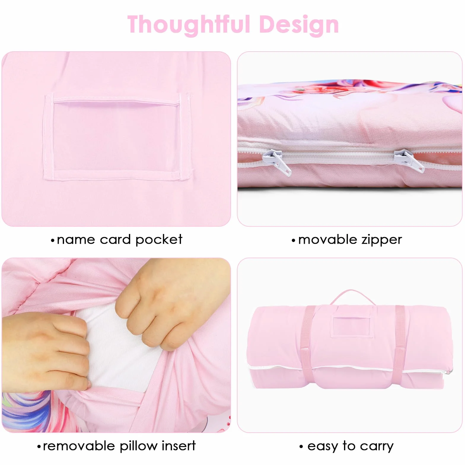 Cálida Alfombrilla de Siesta para Niños Pequeños con Almohada Extraíble, Saco de Dormir Plegable para Niñas y Niños, Bolsa de Dormir con Cremallera para Camping Siesta, 150×60cm