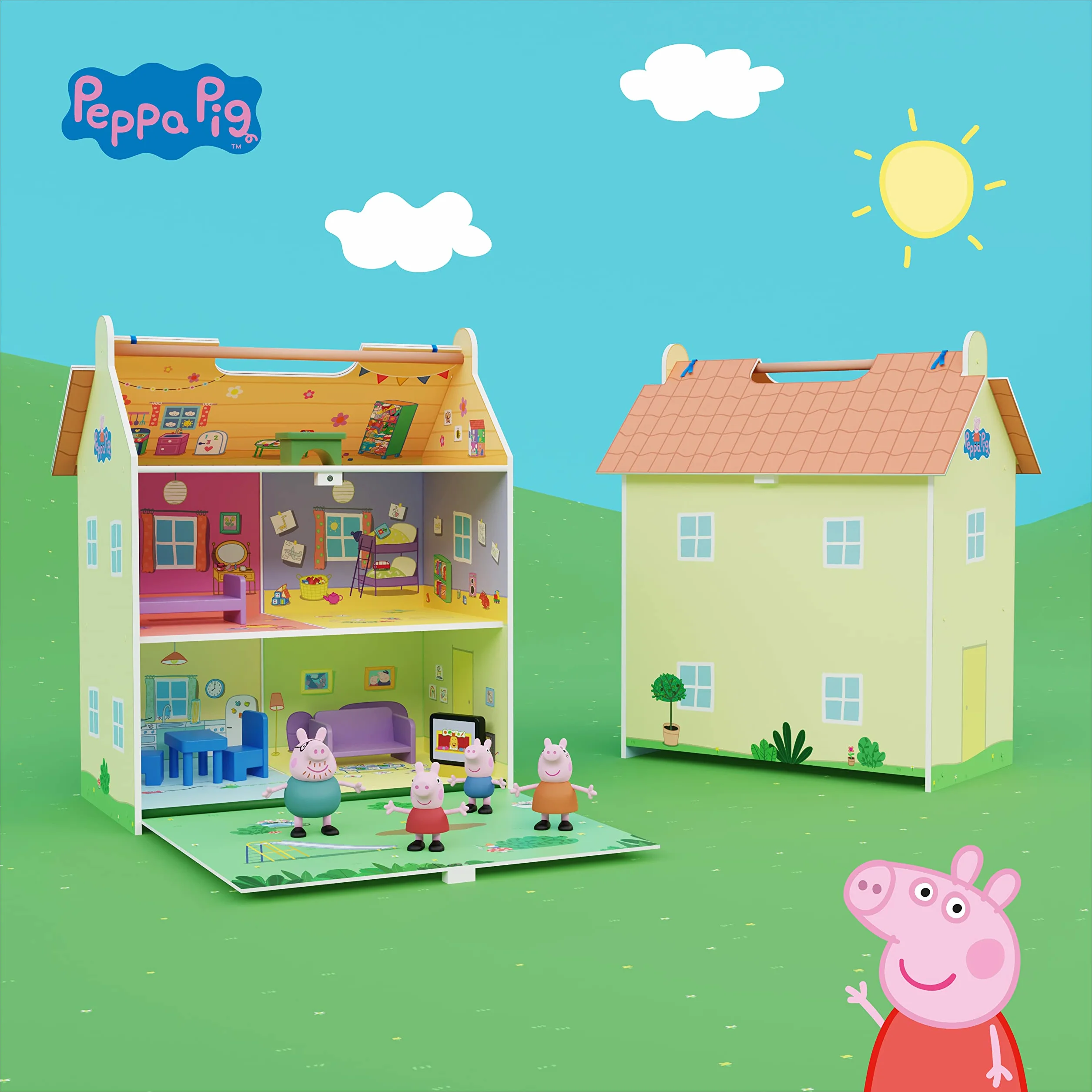 Peppa Pig Casita de Madera 2 Pisos con Buhardilla y Jardín 39x34,5x18 cm 7 Accesorios 4 Personajes