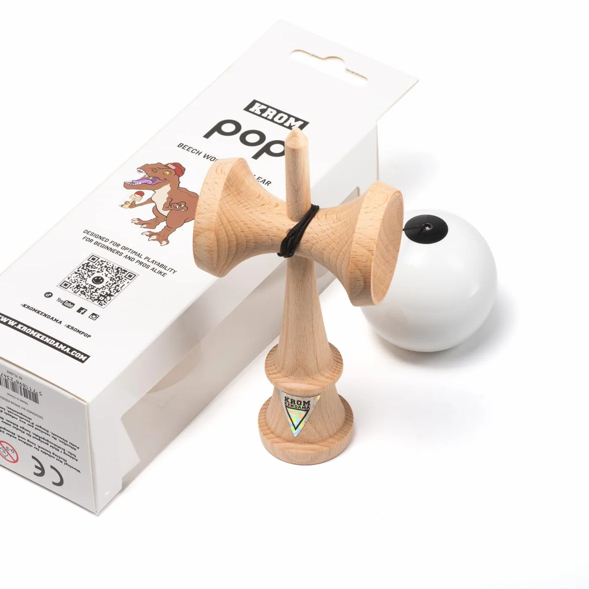 KROM Kendama POP LOL Blanco – de madera de haya certificada – Madera de alta calidad – Para principiantes y profesionales – Pack : cuerda de repuesto + pegatinas