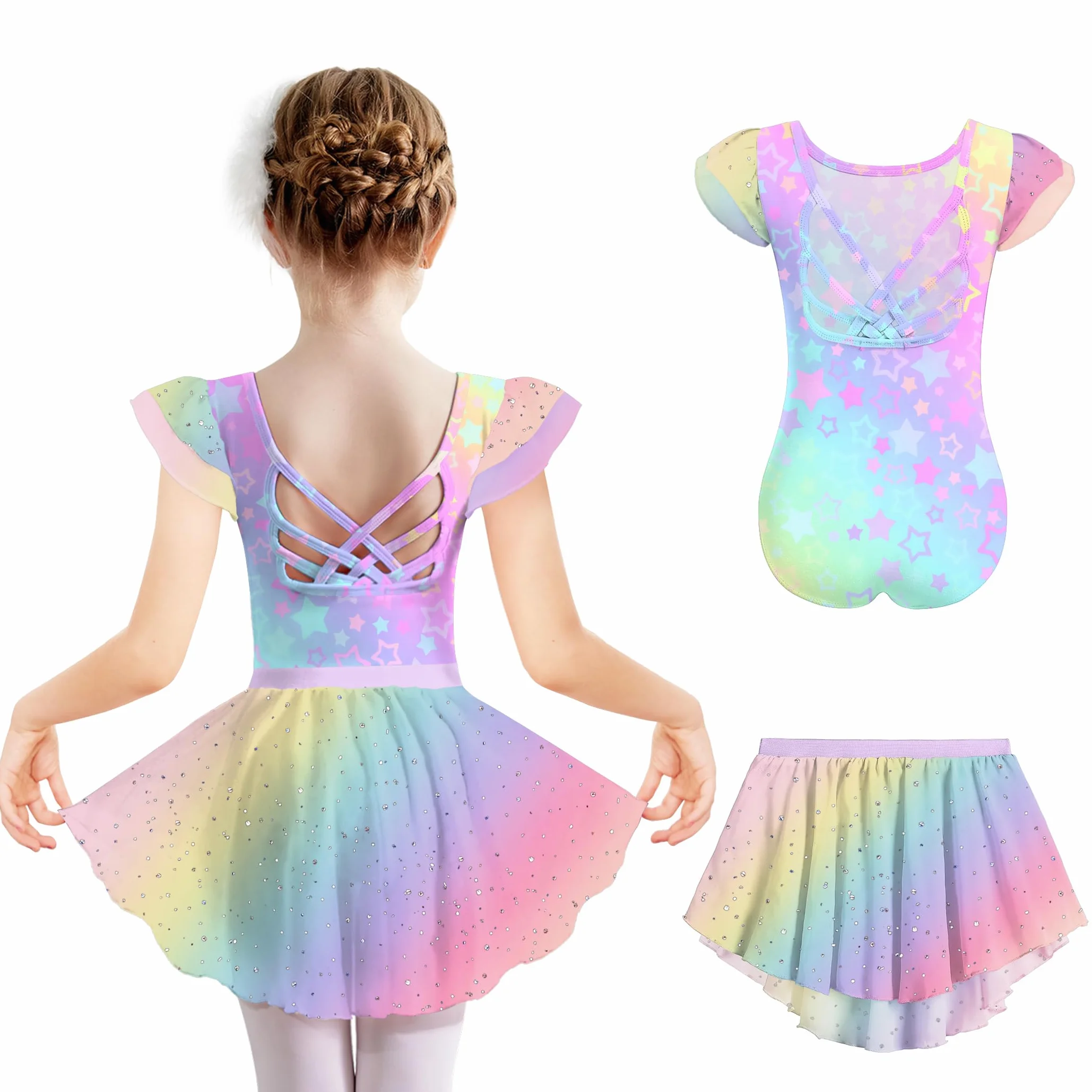 Arshiner Vestido Ballet Niñas 2-9 Años Manga Corta Algodón Purpurina Tutú