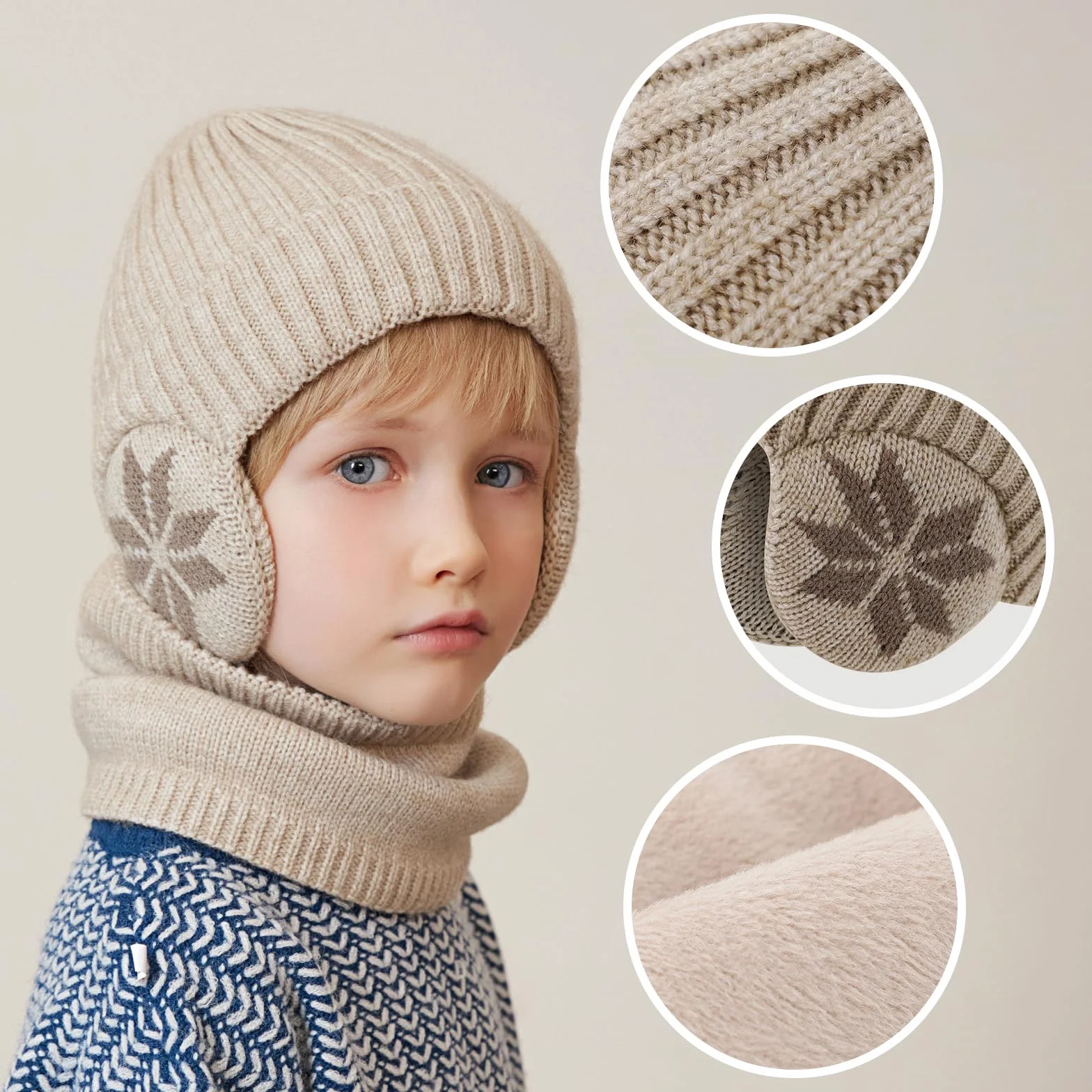 Set de Gorro y Bufanda Niño Invierno Lana con Orejeras Forro Polar