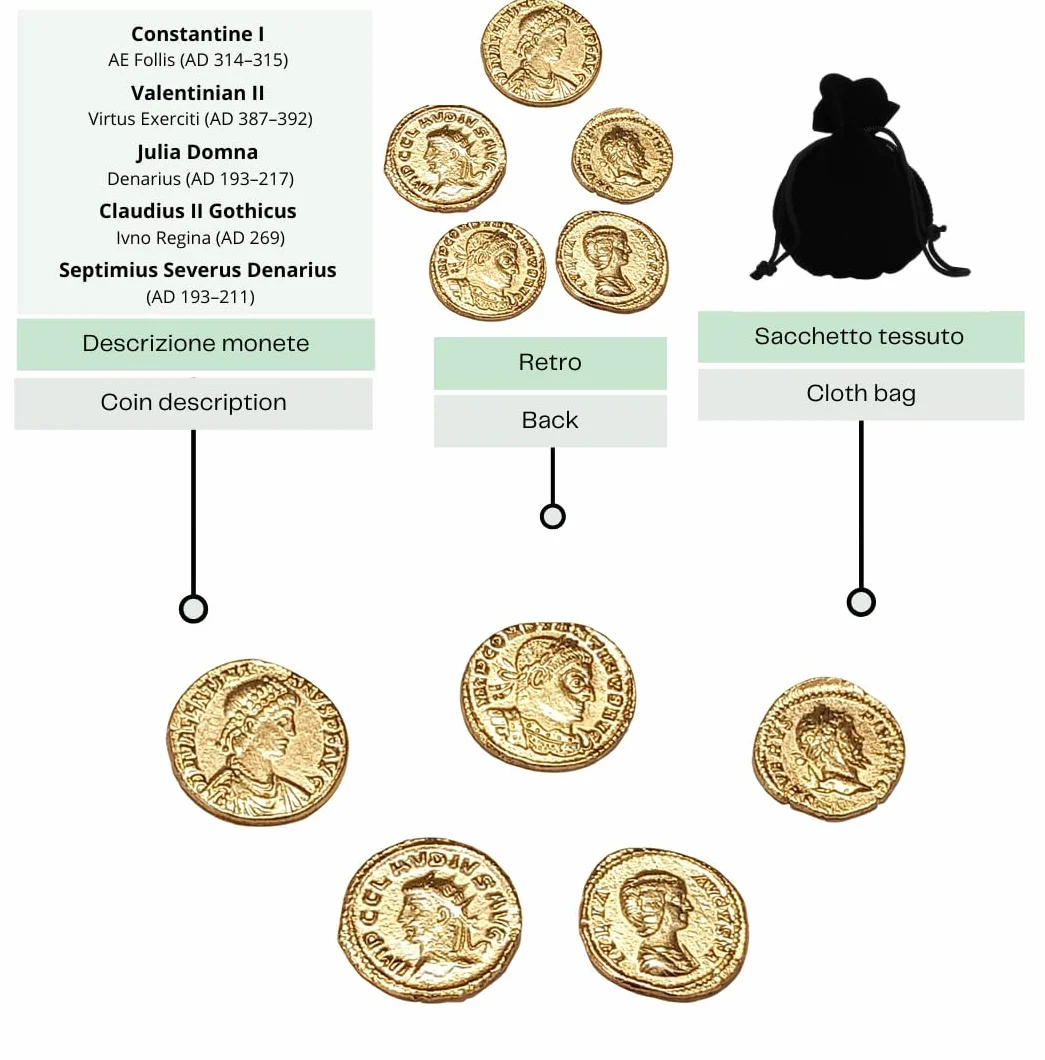 Monedas romanas imperiales antiguas chapadas en oro – Colección Set réplica emperadores romanos 5 piezas – Artesanía italiana, hecha a mano – Made in Italy