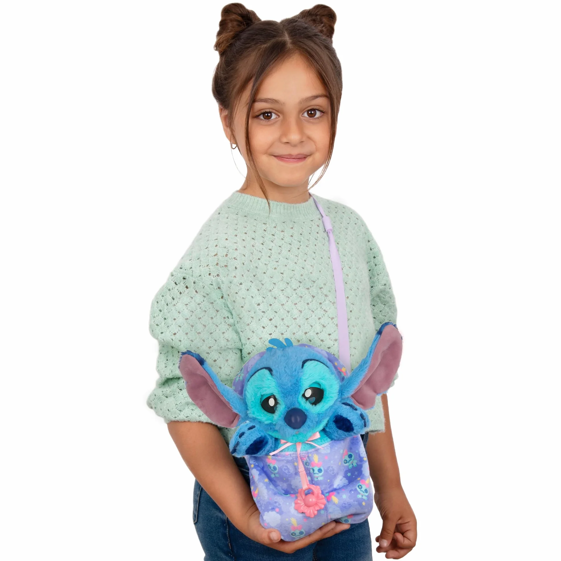 Baby Paws Stitch, Peluche Interactivo, con Sonidos Que Abre y Cierra los Ojos e Incluye una Bolsa para Llevarlo Contigo, Juguete Regalo para Niños y Niñas de 3 Años o Más