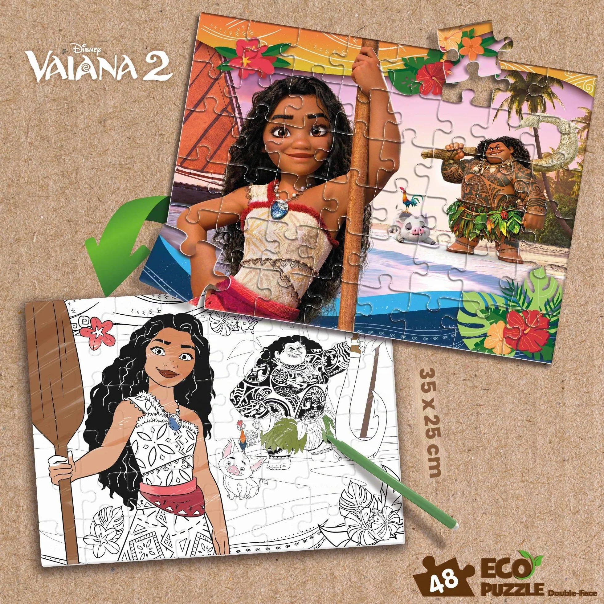 Lisciani - Puzzle DISNEY VAIANA 2 - Puzzle de 48 Piezas de Doble Cara para Niños a Partir de 4 Años - Dorso para Colorear - 25x35 cm - Actividad Creativa - 100% Reciclable - Regalo de Cumpleaños