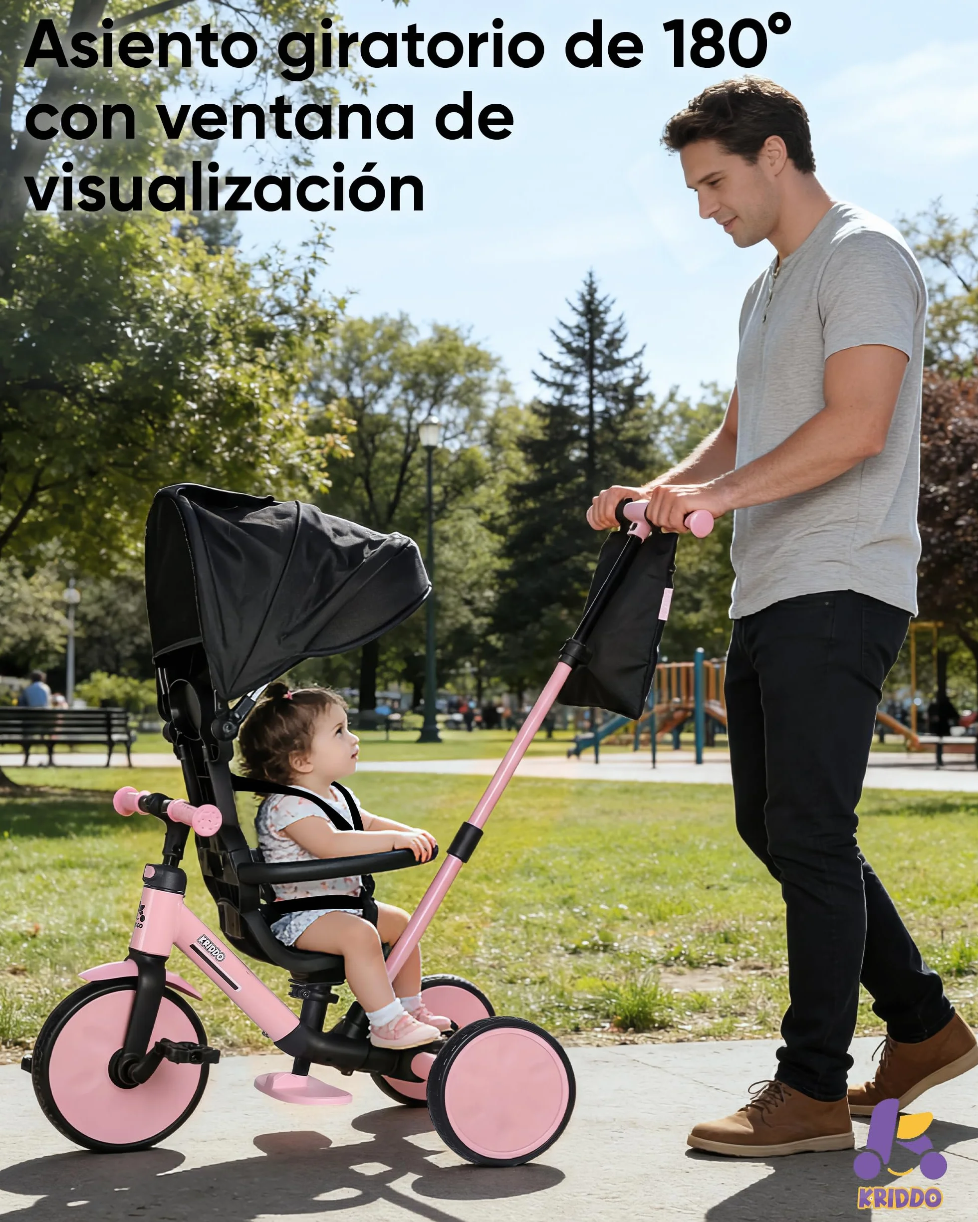 KRIDDO Triciclo Evolutivo 8 en 1 para Niños de 18 Meses a 5 Años, con Barra de Empuje, Triciclo y Bicicleta con o sin Pedales, Arnés de 5 Puntos Mejorado, Capota Plegable y Bolsa, Rosa