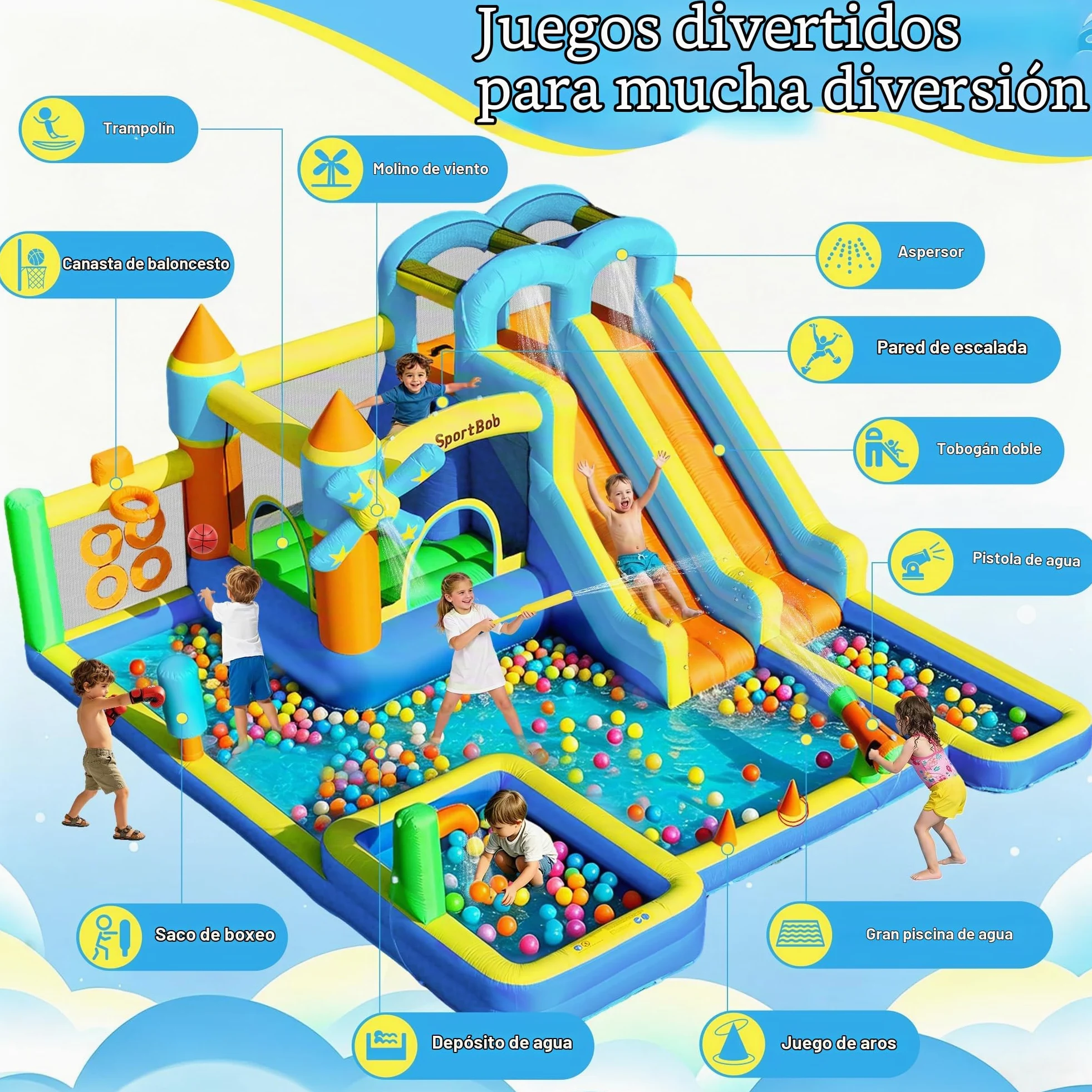 Castillo hinchable con doble tobogán, soplador, piscina infantil, zona de salto y pared de escalada, ideal para uso en interiores y exteriores, reuniones familiares y ocasiones de cumpleaños